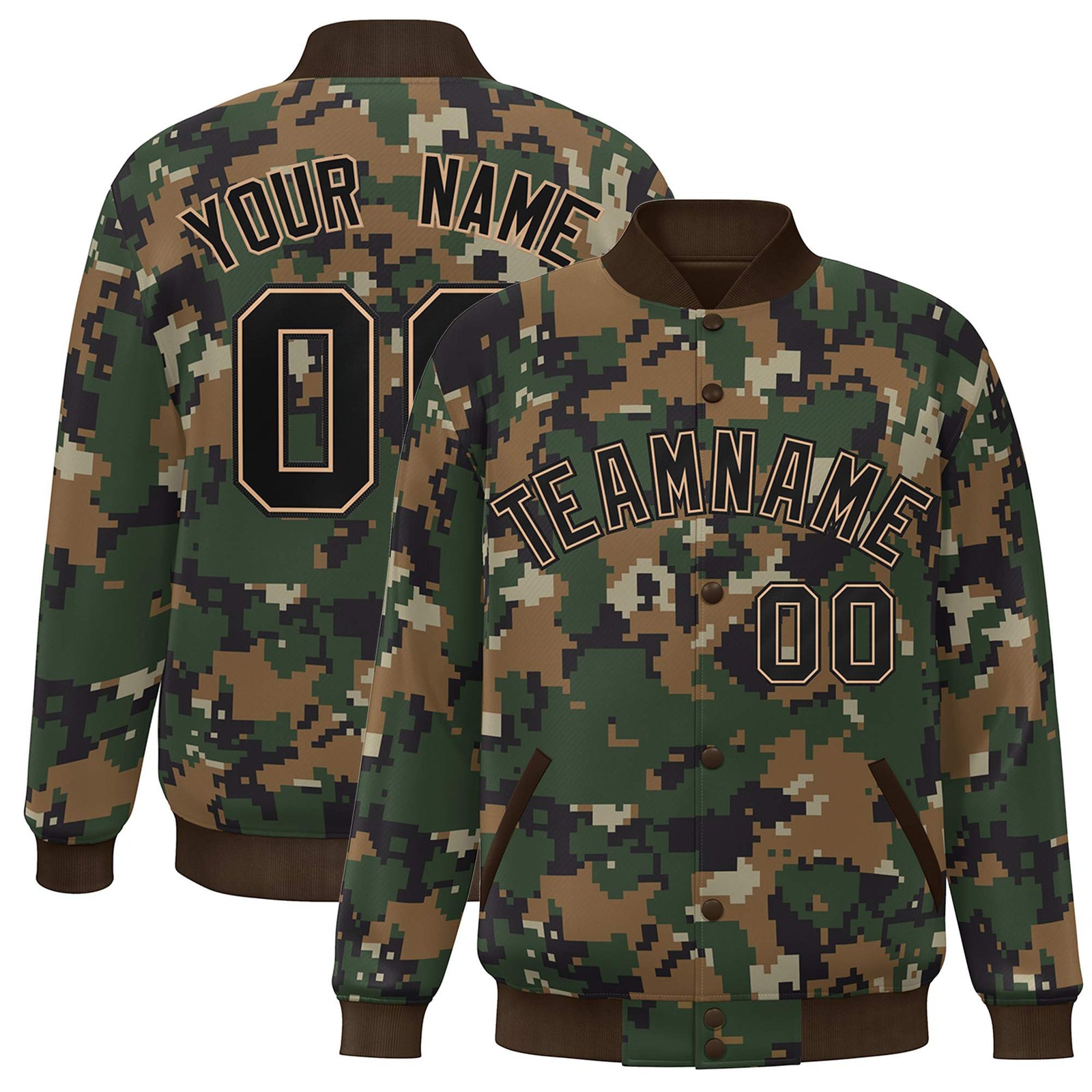 Custom Brown Black Camo Varsity Full-Snap Letterman Bomber Jacket