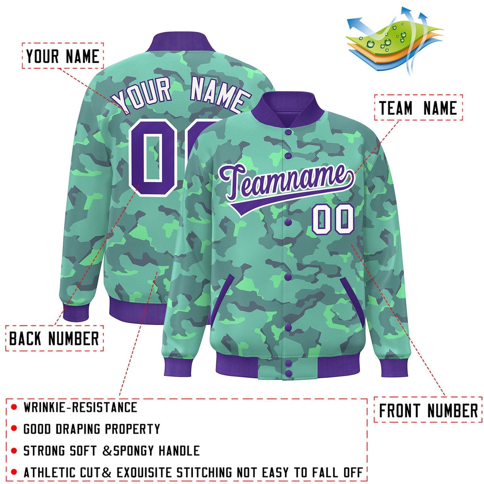 Custom Purple White Camo Varsity Full-Snap Letterman Bomber Jacket
