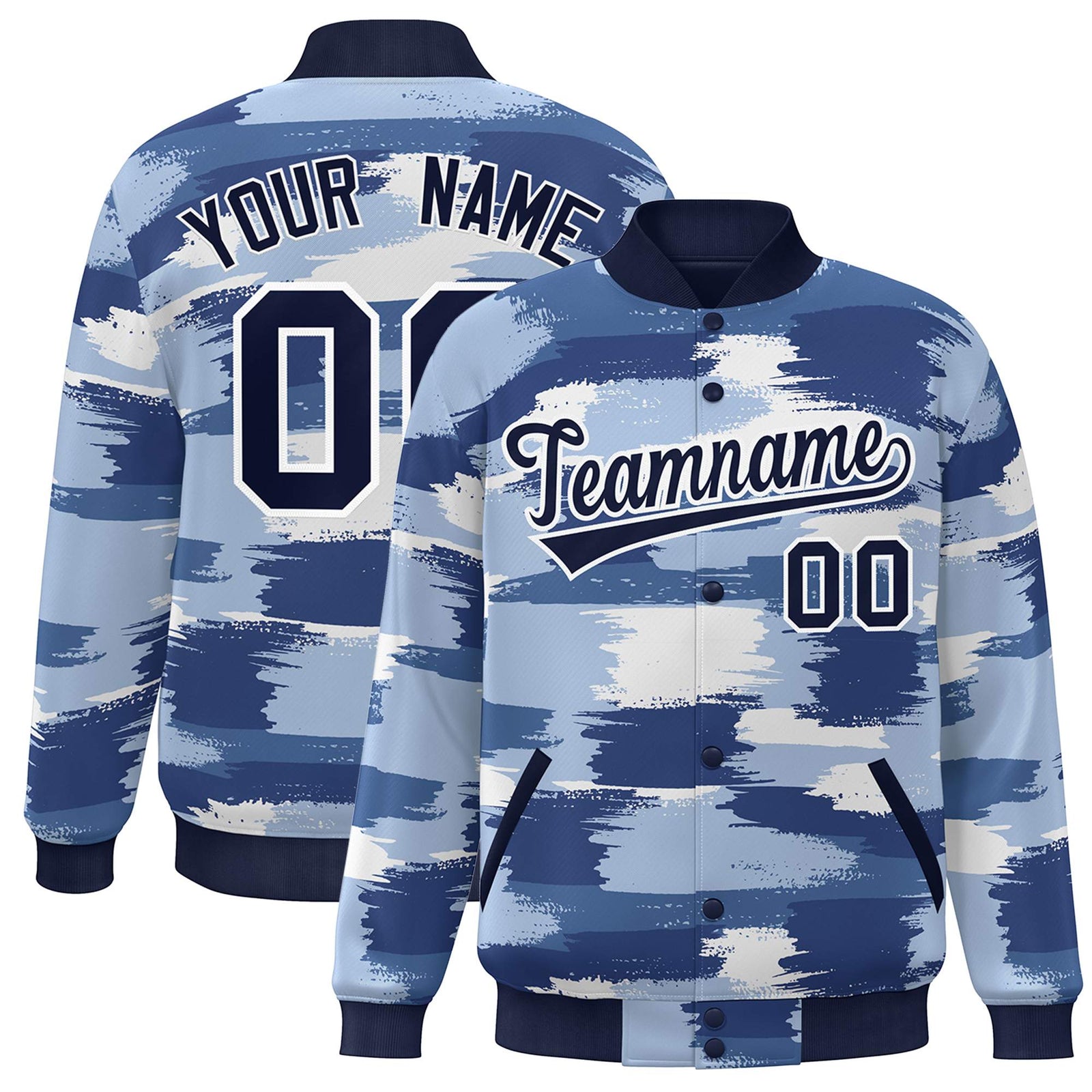 Custom Navy White Camo Varsity Full-Snap Letterman Bomber Jacket