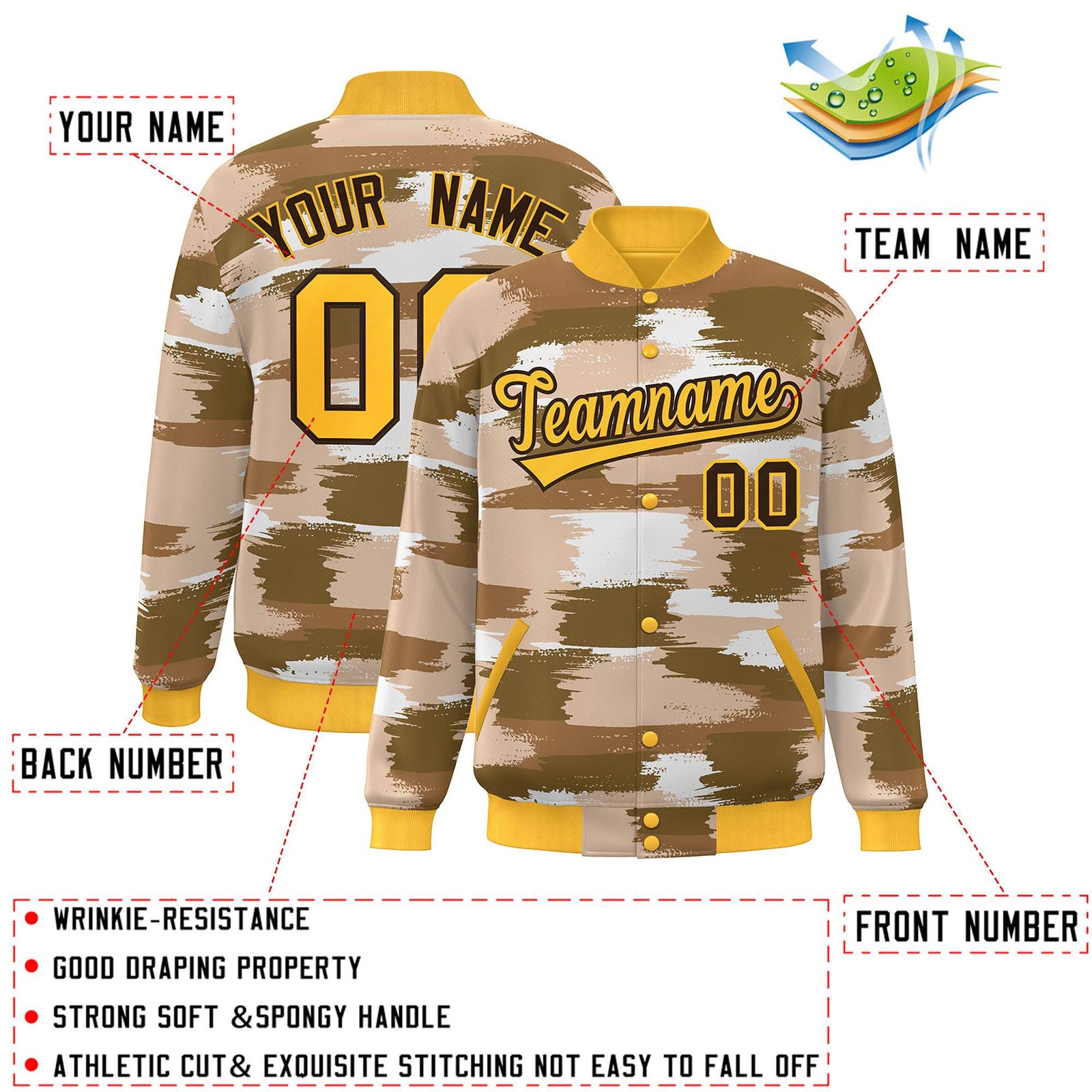 Custom Yellow Brown Camo Varsity Full-Snap Letterman Bomber Jacket