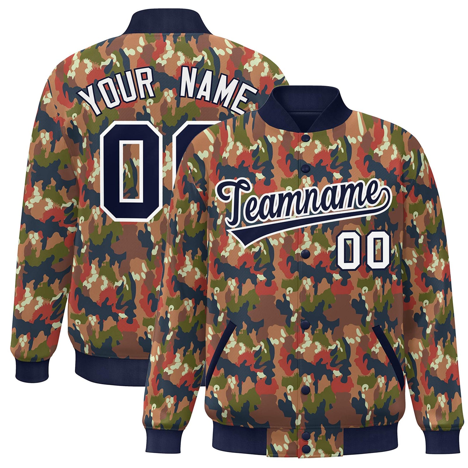 Custom Navy White Camo Varsity Full-Snap Letterman Bomber Jacket