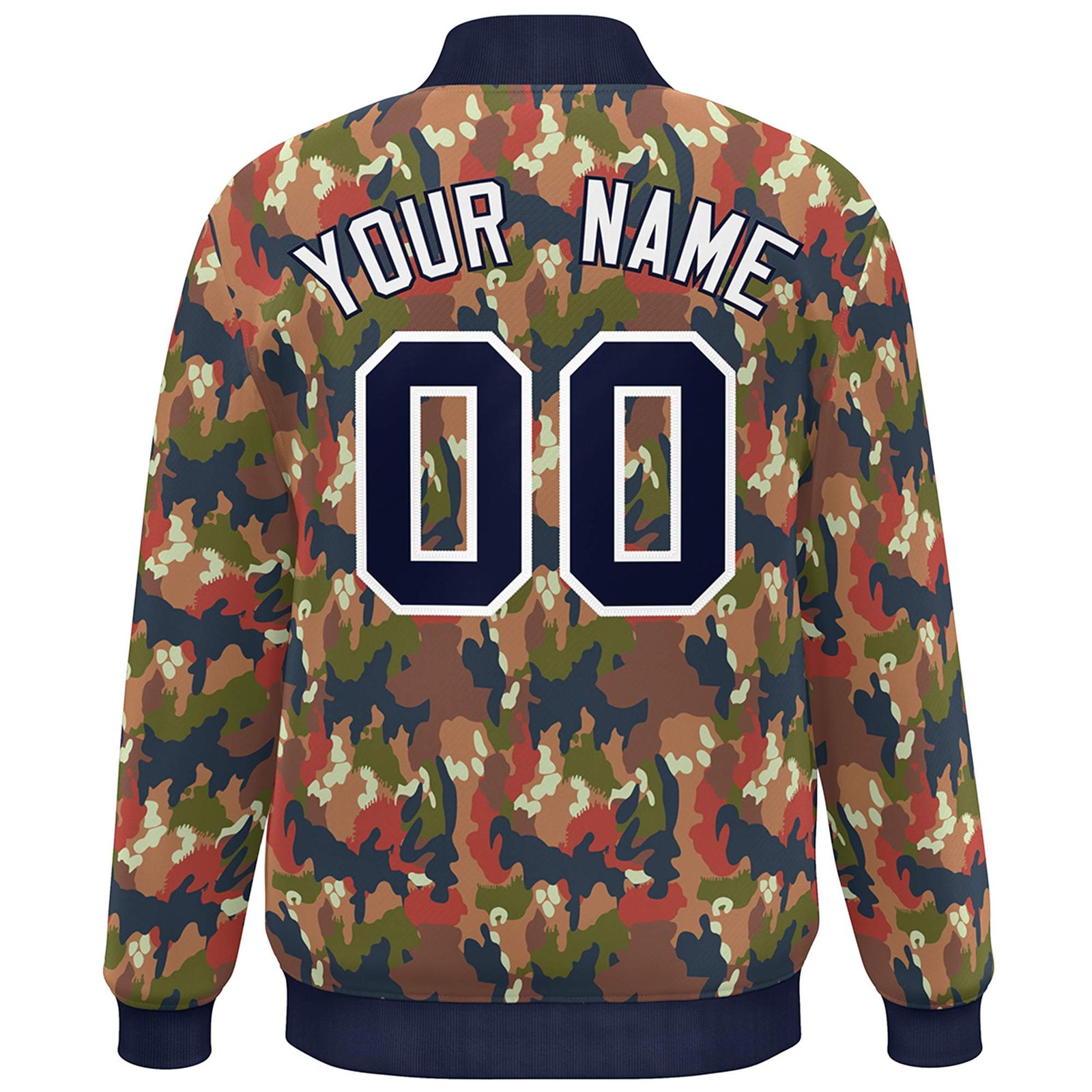 Custom Navy White Camo Varsity Full-Snap Letterman Bomber Jacket