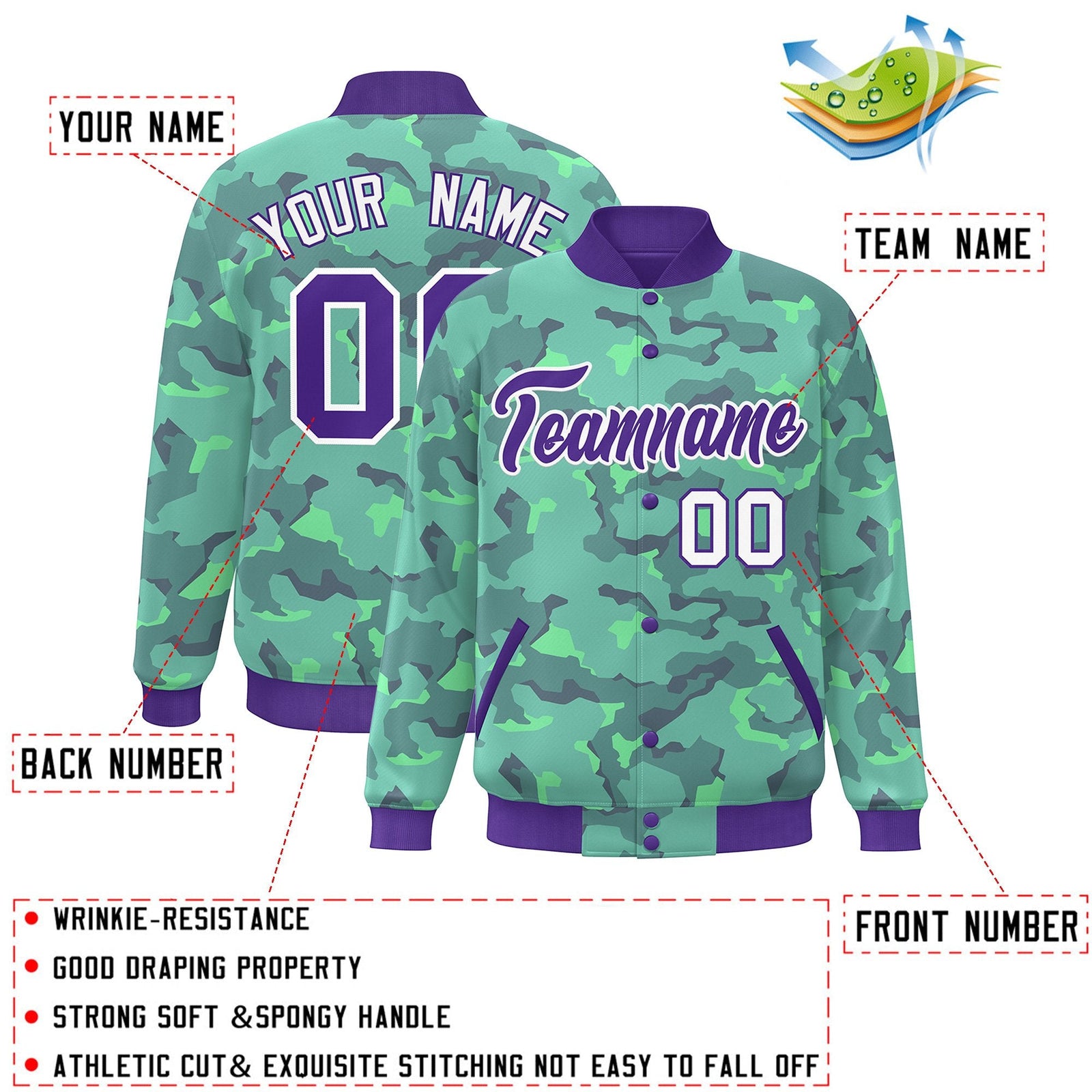 Custom Purple White Camo Varsity Full-Snap Letterman Bomber Jacket