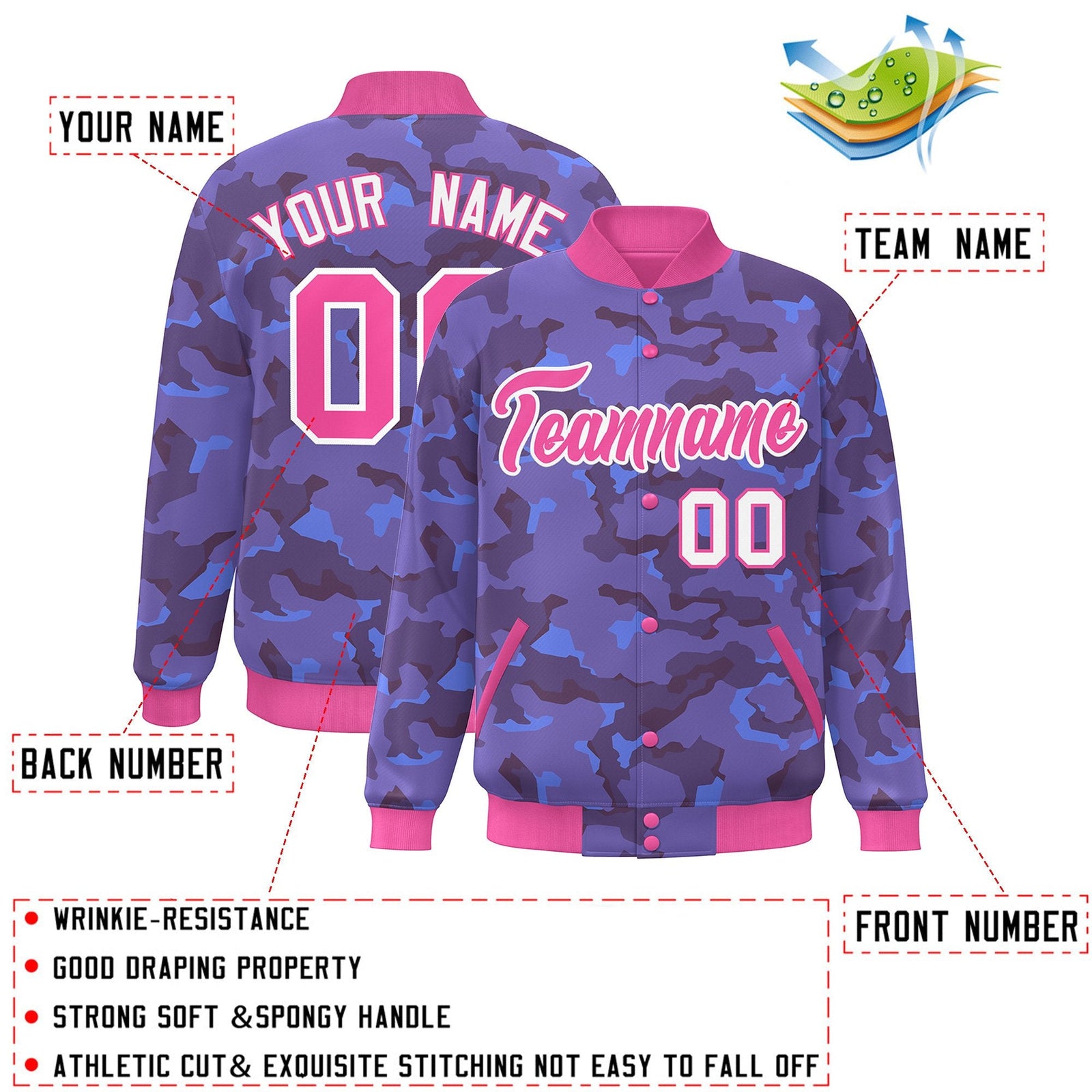 Custom Pink White Camo Varsity Full-Snap Letterman Bomber Jacket
