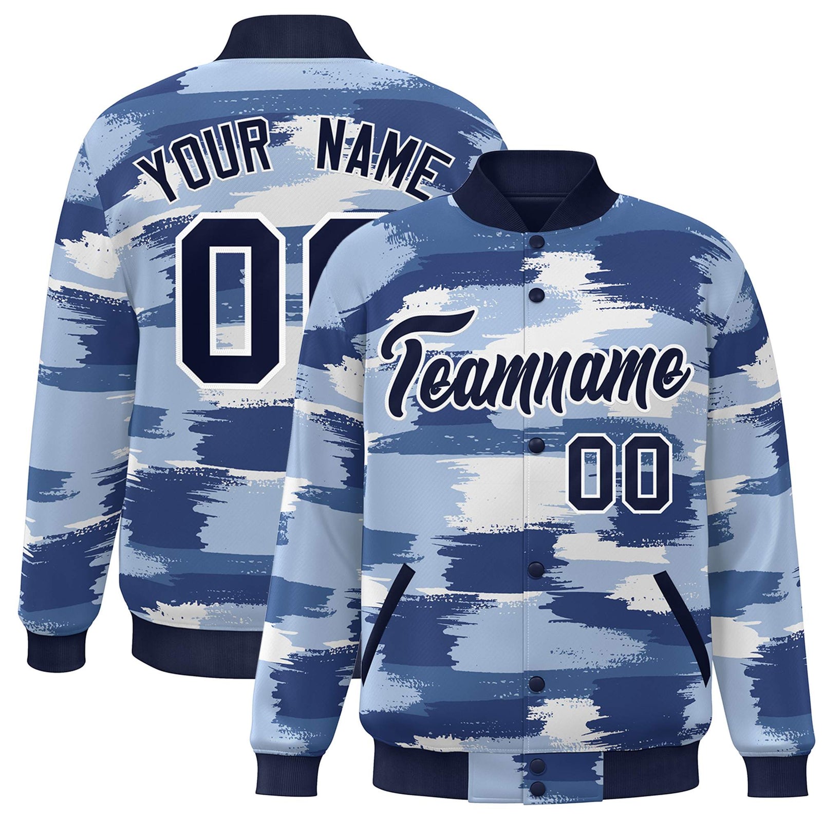 Custom Navy White Camo Varsity Full-Snap Letterman Bomber Jacket