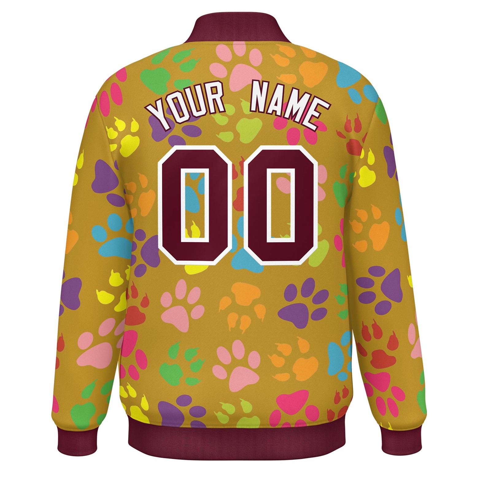 Custom Old Gold Crimson-White Varsity Pets Paw Prints Graffiti Pattern Letterman Baseball Jacket
