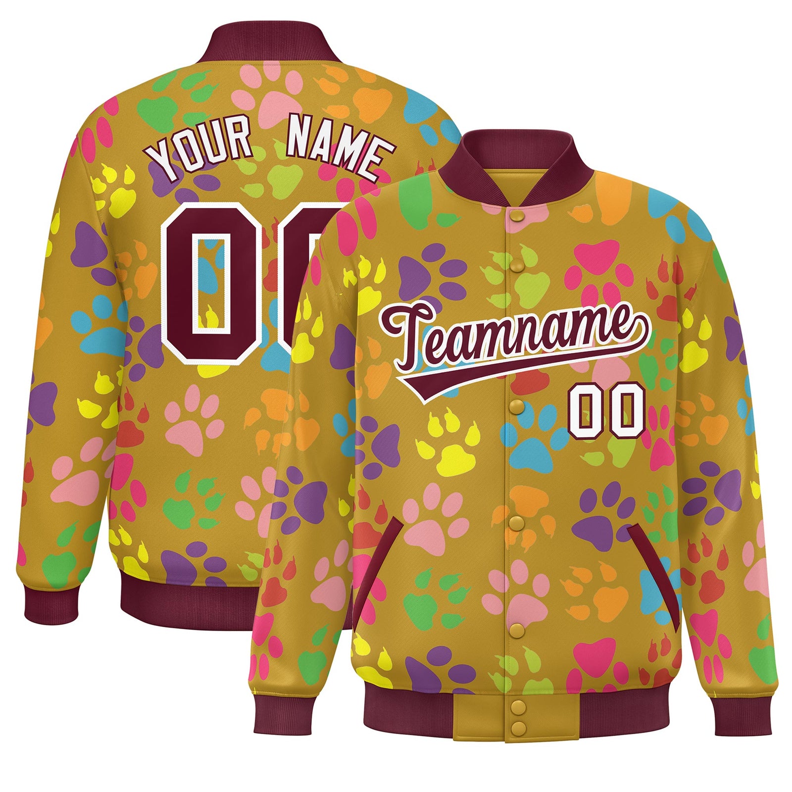 Custom Old Gold Crimson-White Varsity Pets Paw Prints Graffiti Pattern Letterman Baseball Jacket