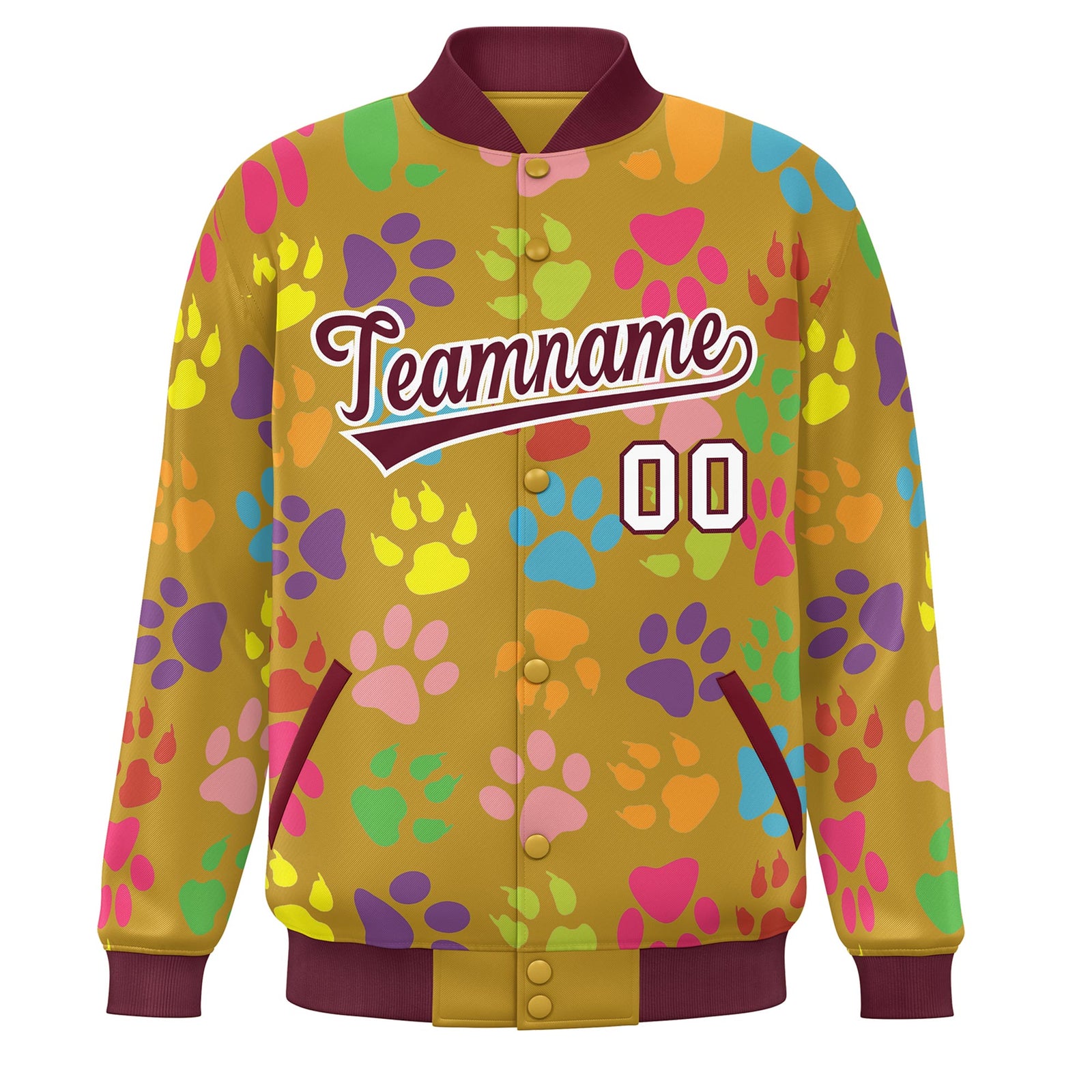 Custom Old Gold Crimson-White Varsity Pets Paw Prints Graffiti Pattern Letterman Baseball Jacket