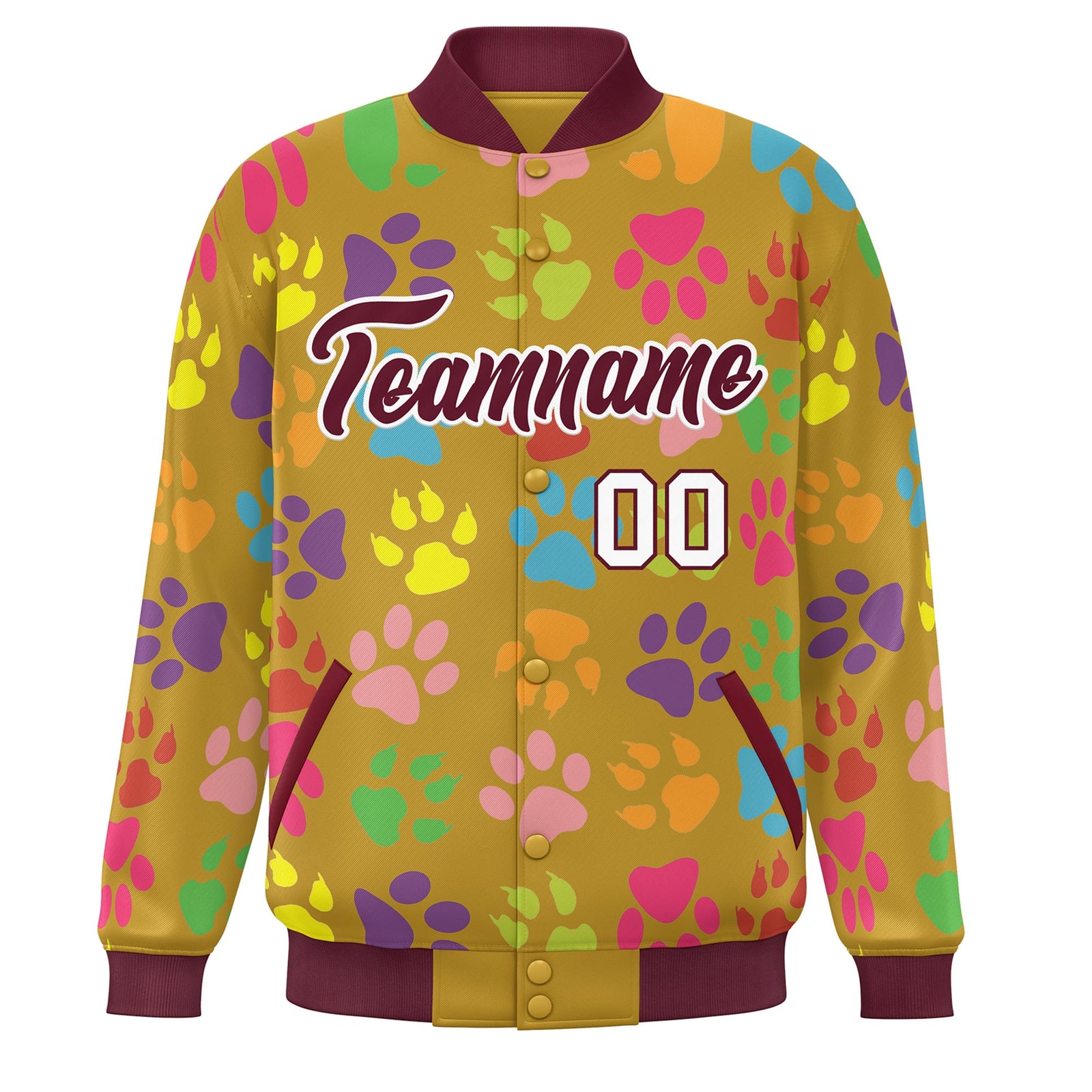 Custom Old Gold Crimson-White Varsity Pets Paw Prints Graffiti Pattern Letterman Baseball Jacket
