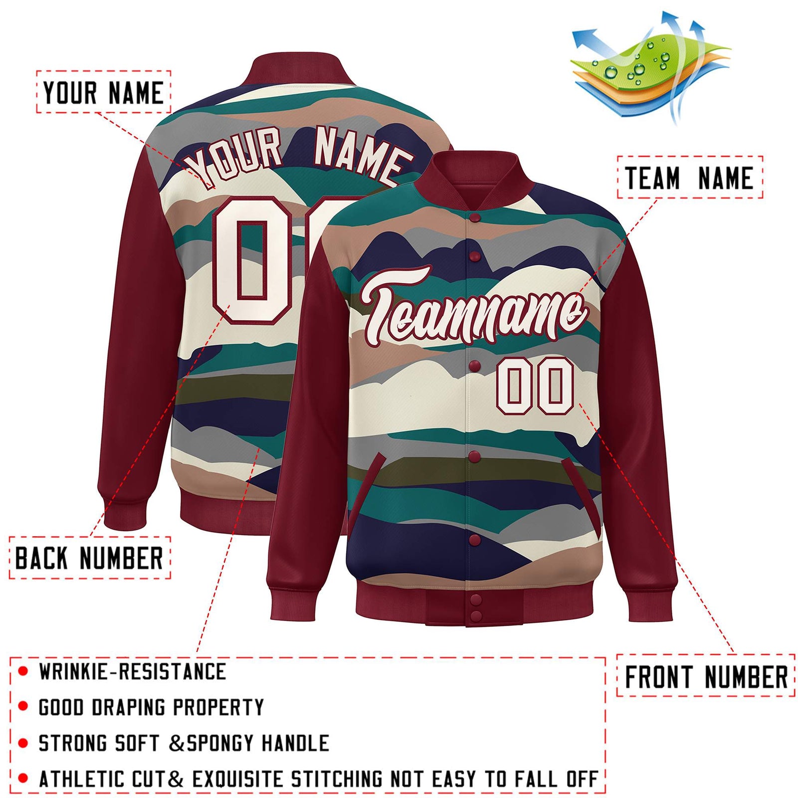 Custom Crimson Cream Multi Clouds Graffiti Pattern Varsity Full-Snap Jacket