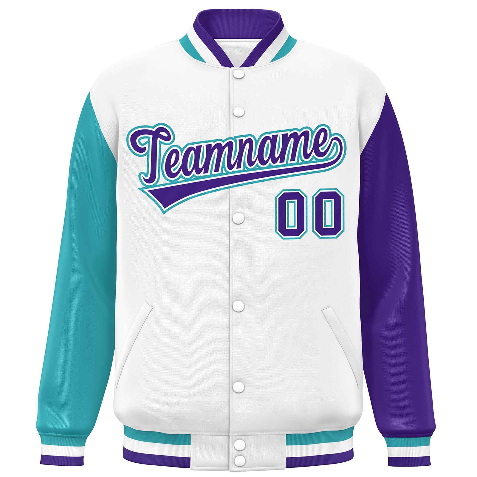 Custom White Aqua-Purple Varsity Full-Snap Raglan Sleeves Letterman Baseball Jacket