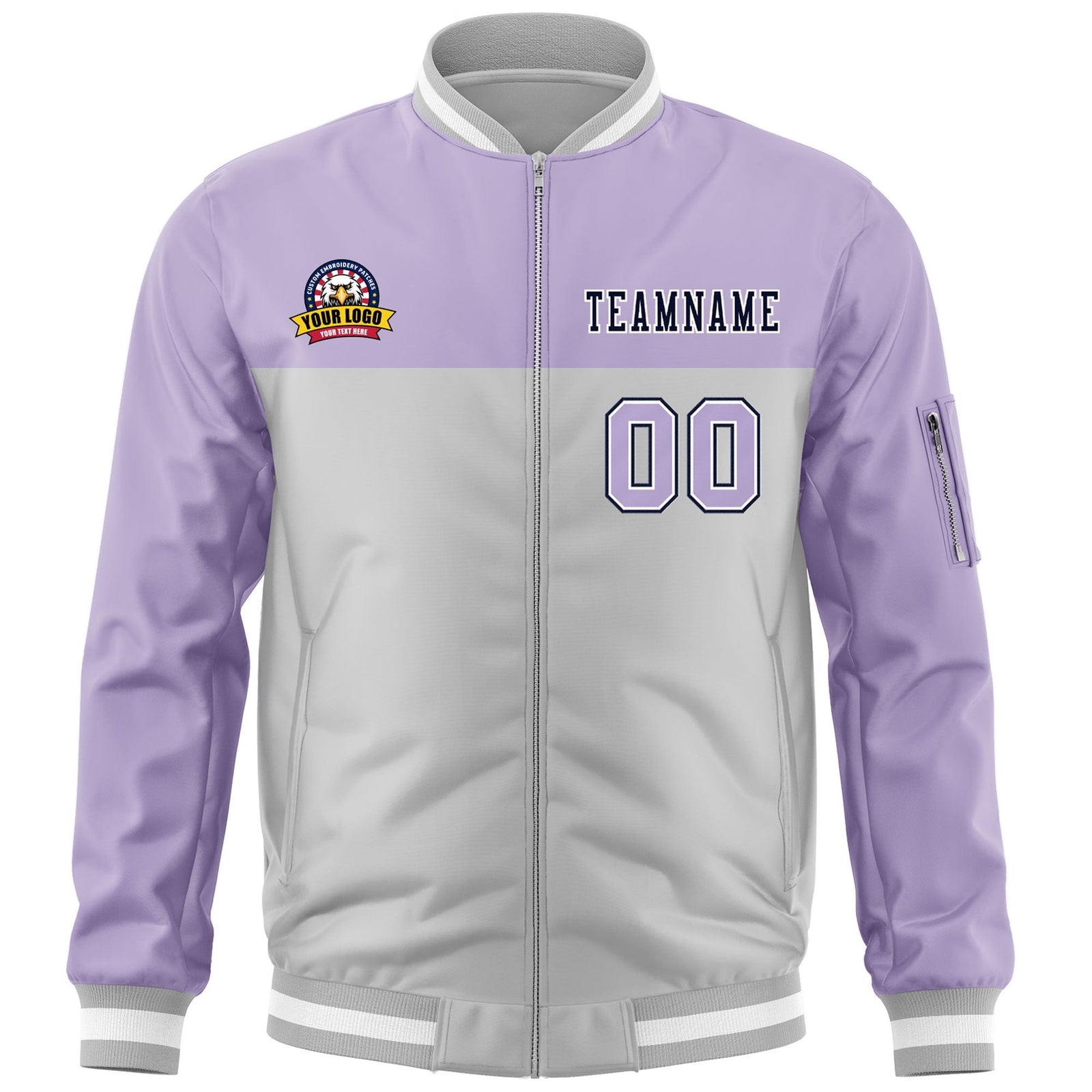 Custom Purple Gray Varsity Full-Zip Color Block Letterman Bomber Jacket