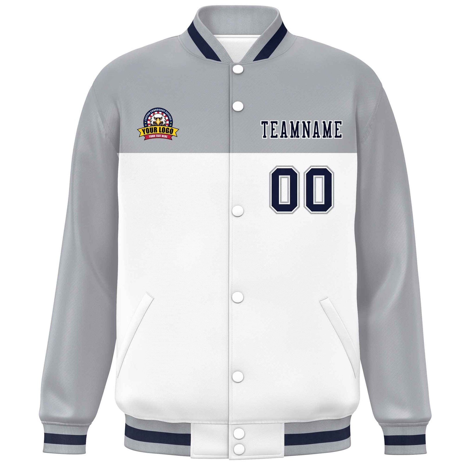 Custom Gray White-Navy Varsity Full-Snap Color Block Lettermen Baseball Jacket