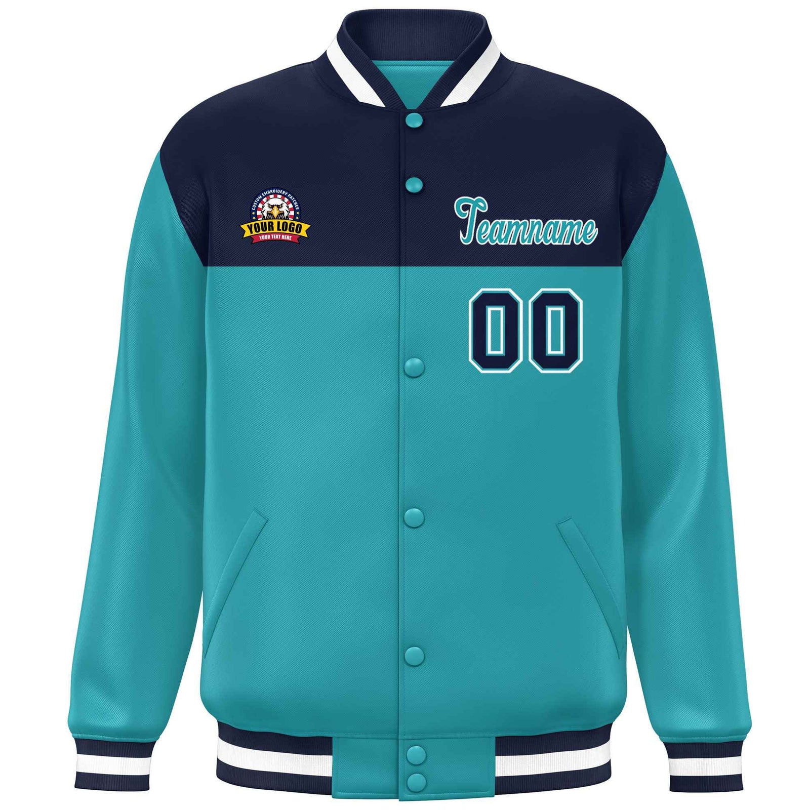 Custom Navy Aqua-White Varsity Full-Snap Color Block Lettermen Baseball Jacket