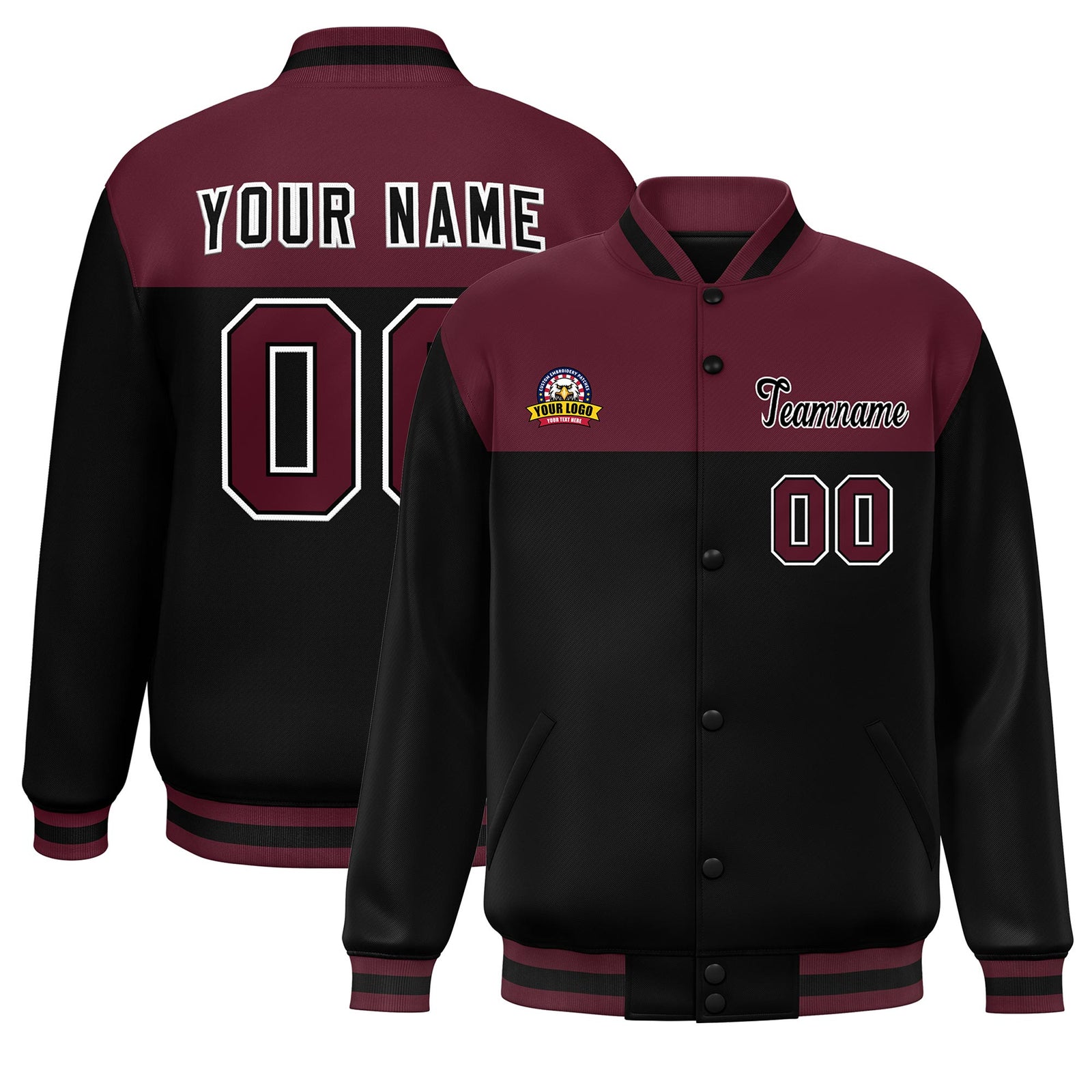 Custom Crimson Black-White Varsity Full-Snap Color Block Lettermen Baseball Jacket
