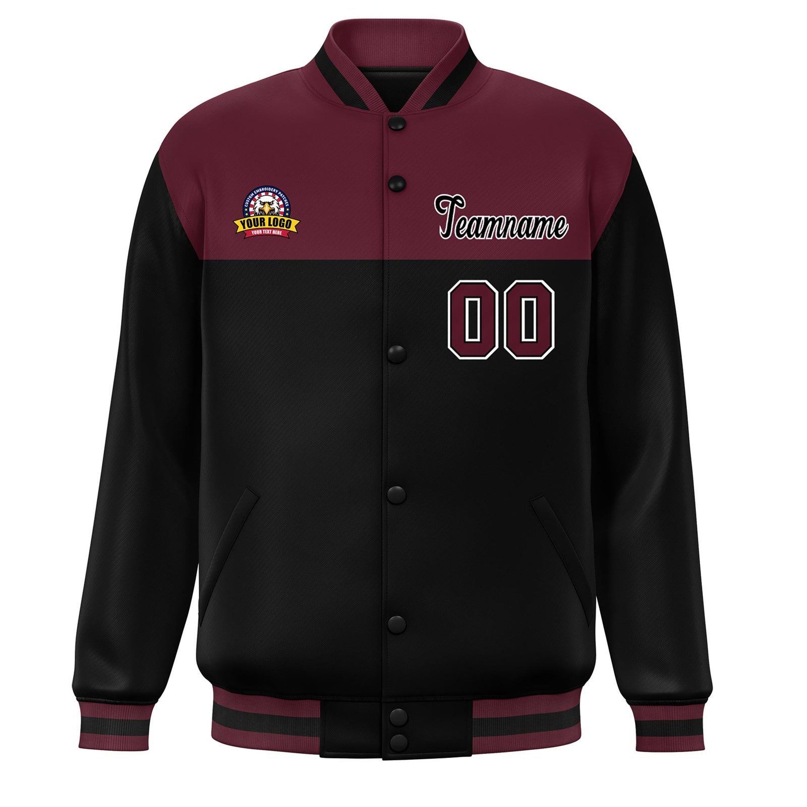 Custom Crimson Black-White Varsity Full-Snap Color Block Lettermen Baseball Jacket