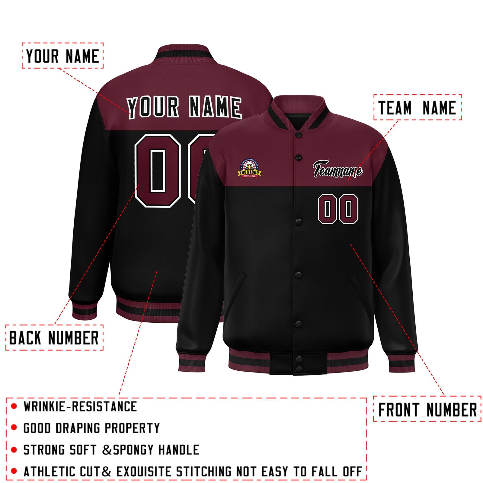 Custom Crimson Black-White Varsity Full-Snap Color Block Lettermen Baseball Jacket