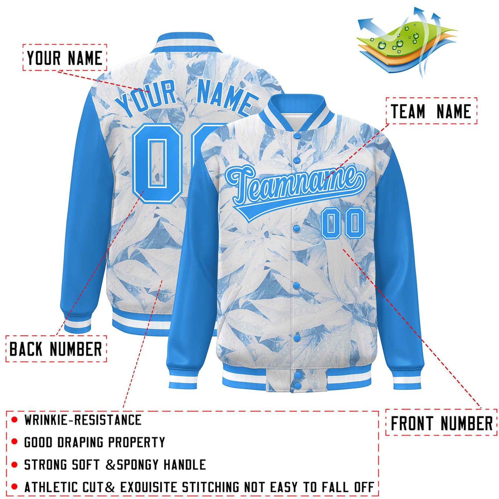 Custom Powder Blue White Maple Leaf Raglan Sleeves Bomber Graffiti Pattern Varsity Jacket