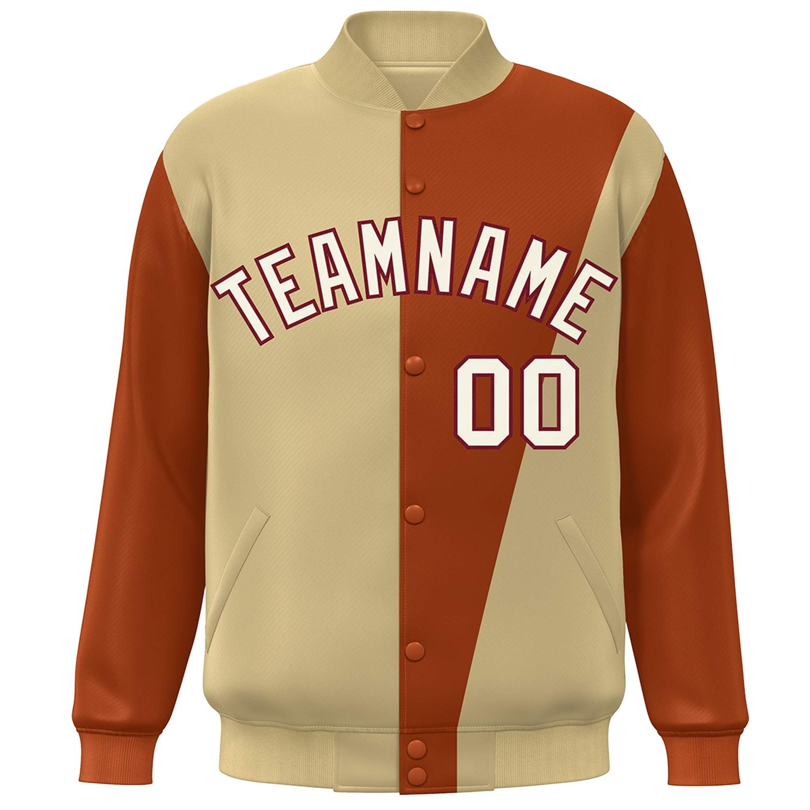 Custom Khaki White-Orange Color Block Varsity Full-Snap Bomber Jacket