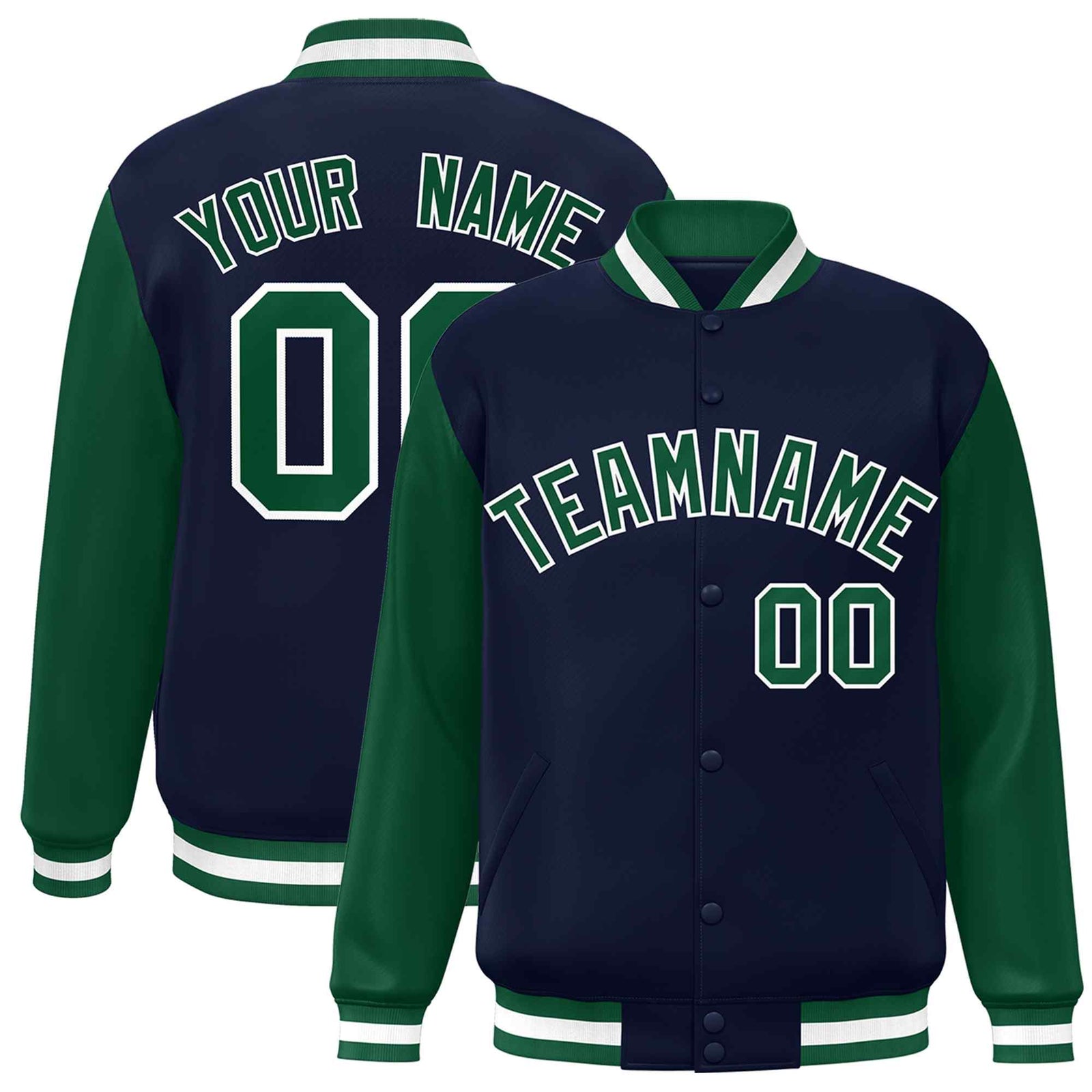 Custom Navy Green-White Raglan Sleeves Varsity Full-Snap Letterman Jacket