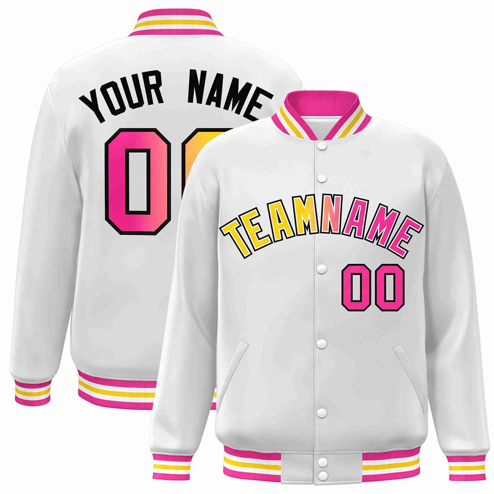 Custom White Yellow-White Gradient Fashion Letterman Bomber Varsity Jacket