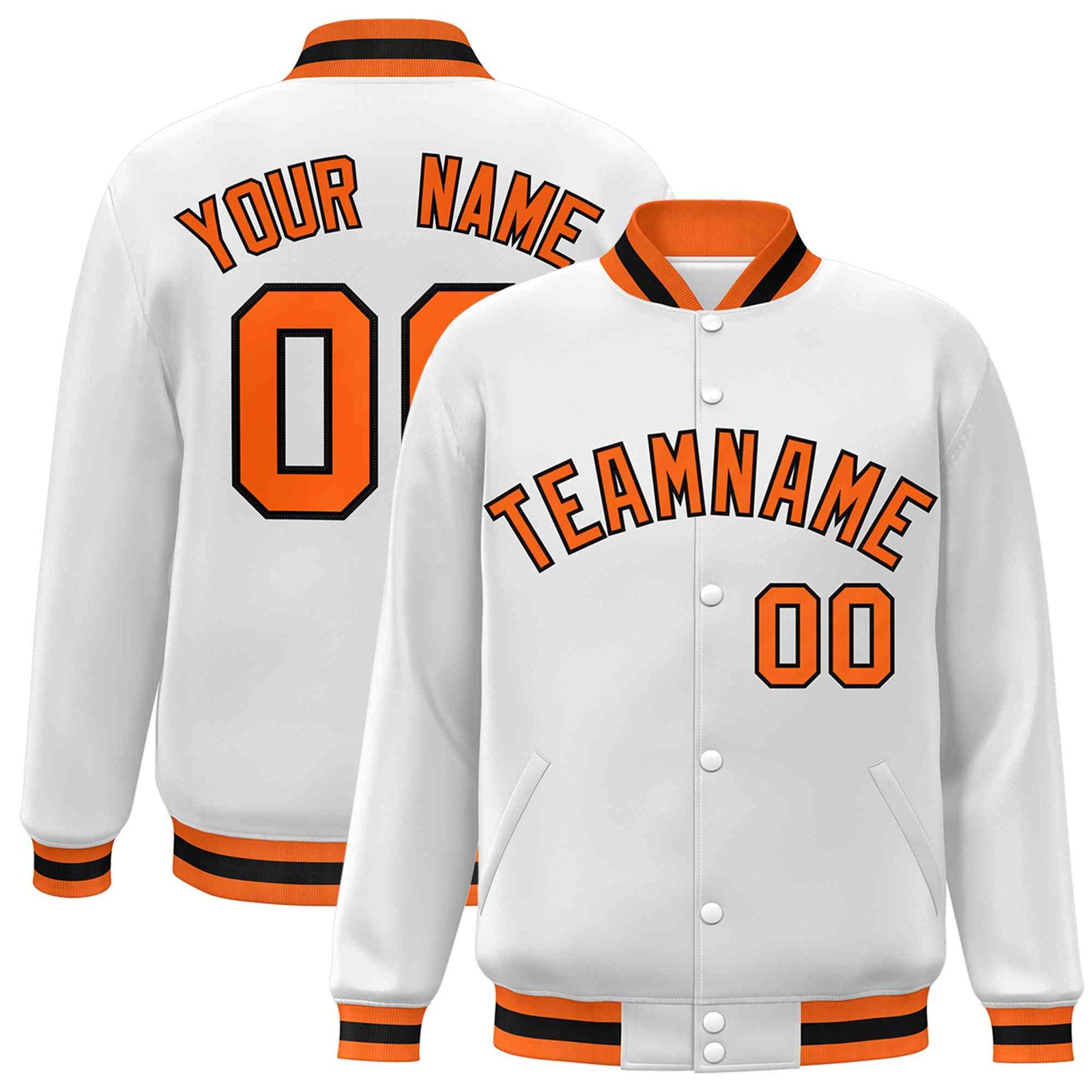 Custom White Orange-Black Classic Style Varsity Full-Snap Letterman Jacket