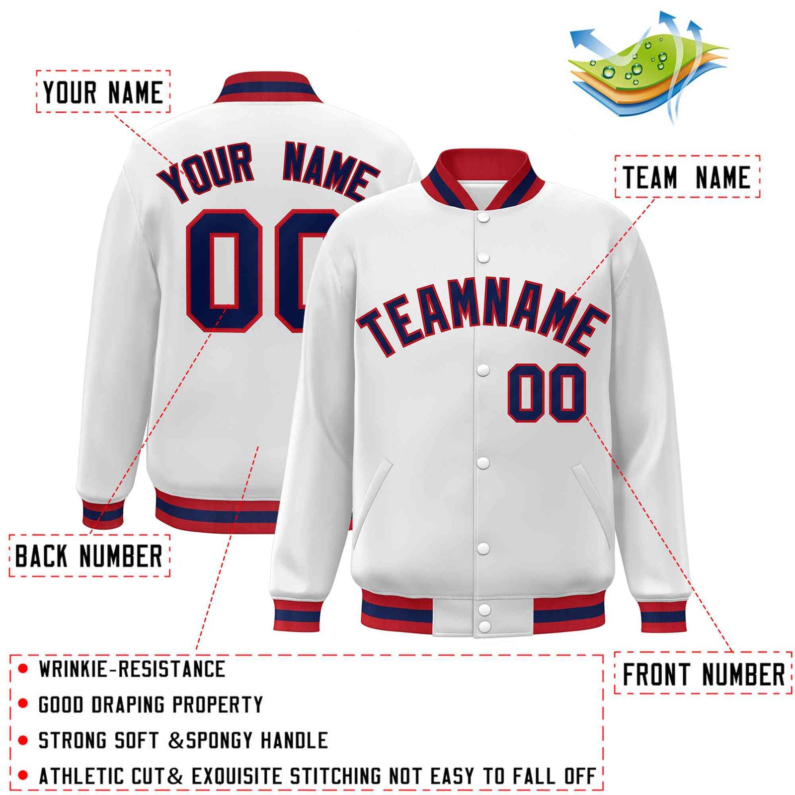 Custom White Navy-Red Classic Style Varsity Full-Snap Letterman Jacket