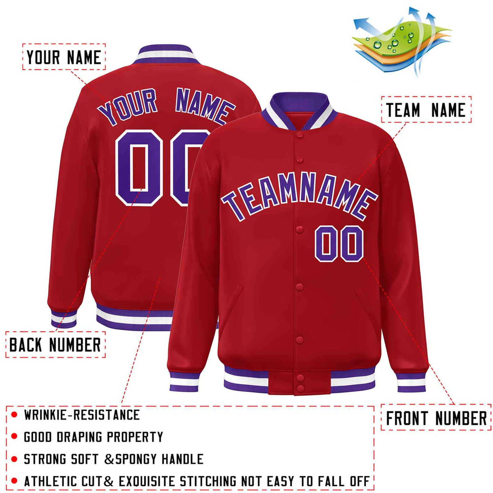 Custom Red Purple-White Classic Style Varsity Full-Snap Letterman Jacket