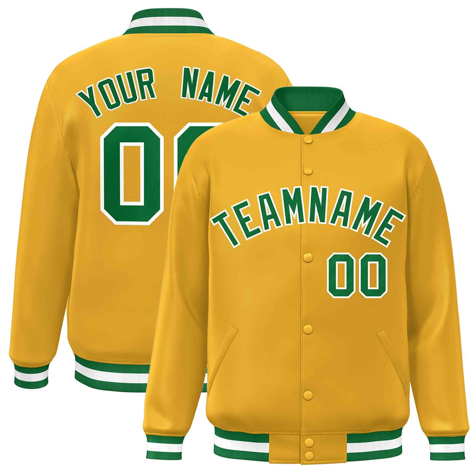 Custom Gold Green-White Classic Style Varsity Full-Snap Letterman Jacket