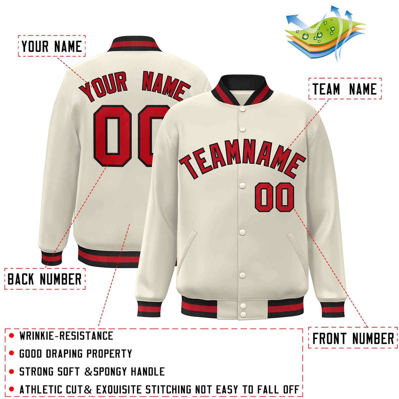 Custom Khaki Red-Black Classic Style Varsity Full-Snap Letterman Jacket