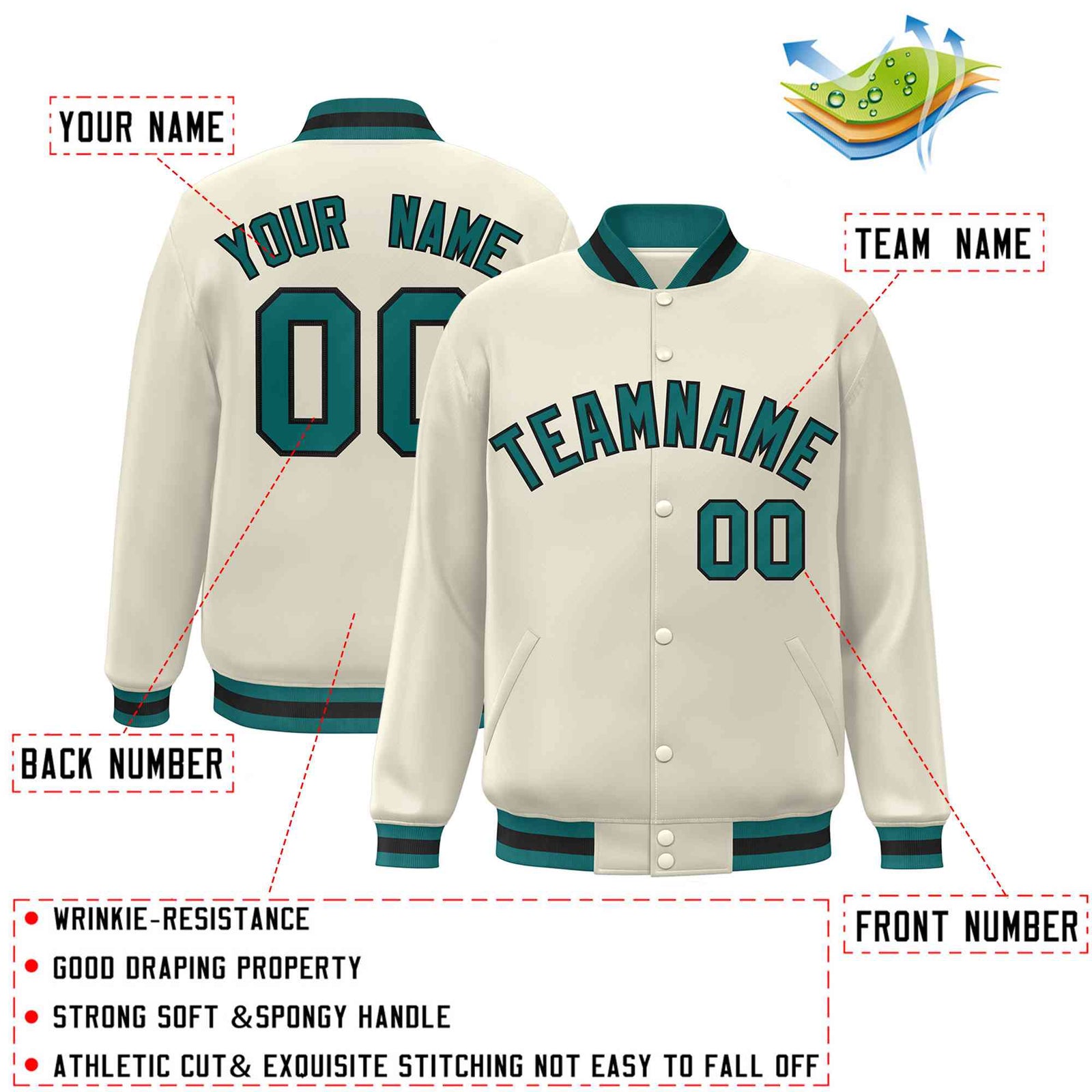 Custom Khaki Aqua-Black Classic Style Varsity Full-Snap Letterman Jacket