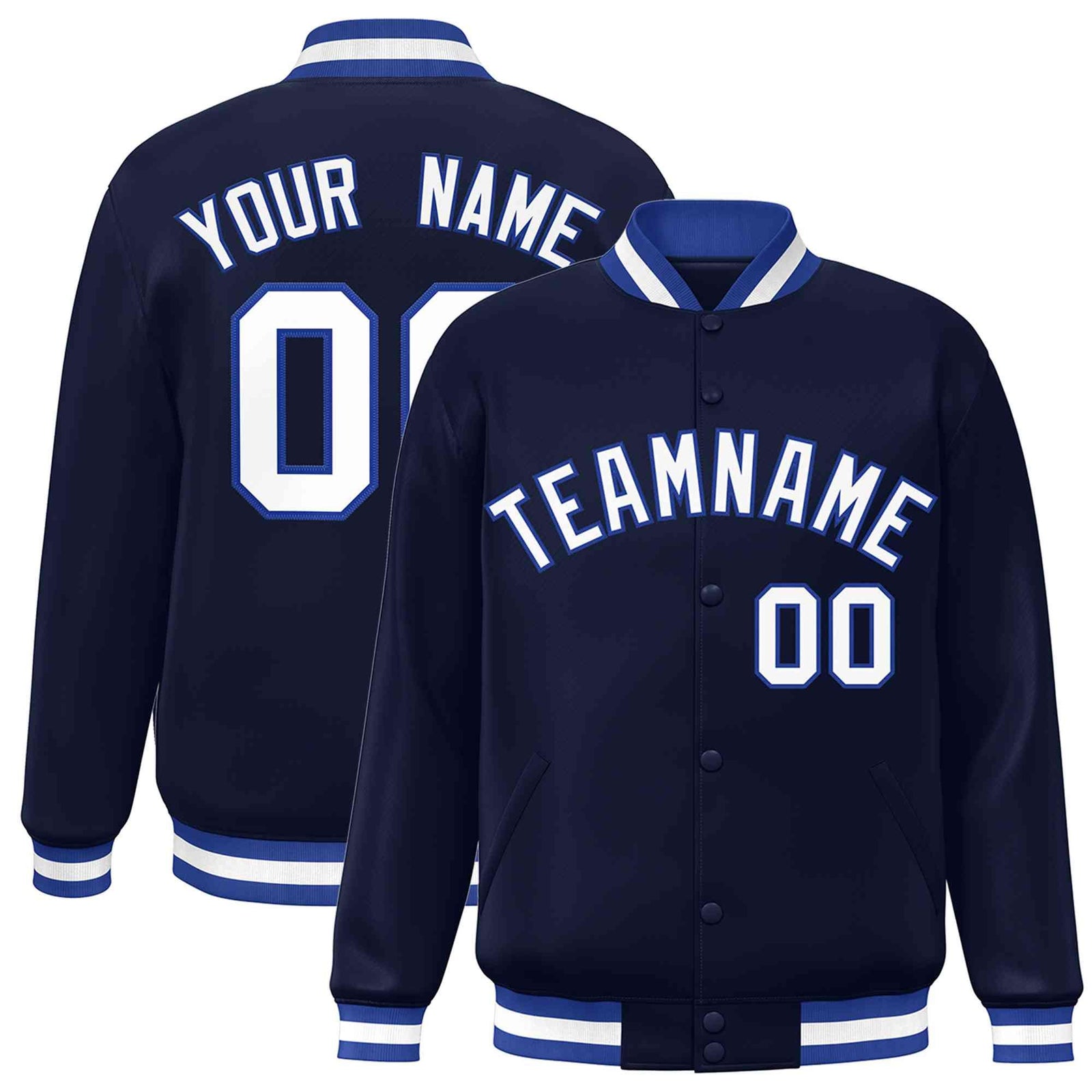 Custom Navy White-Royal Classic Style Varsity Full-Snap Letterman Jacket