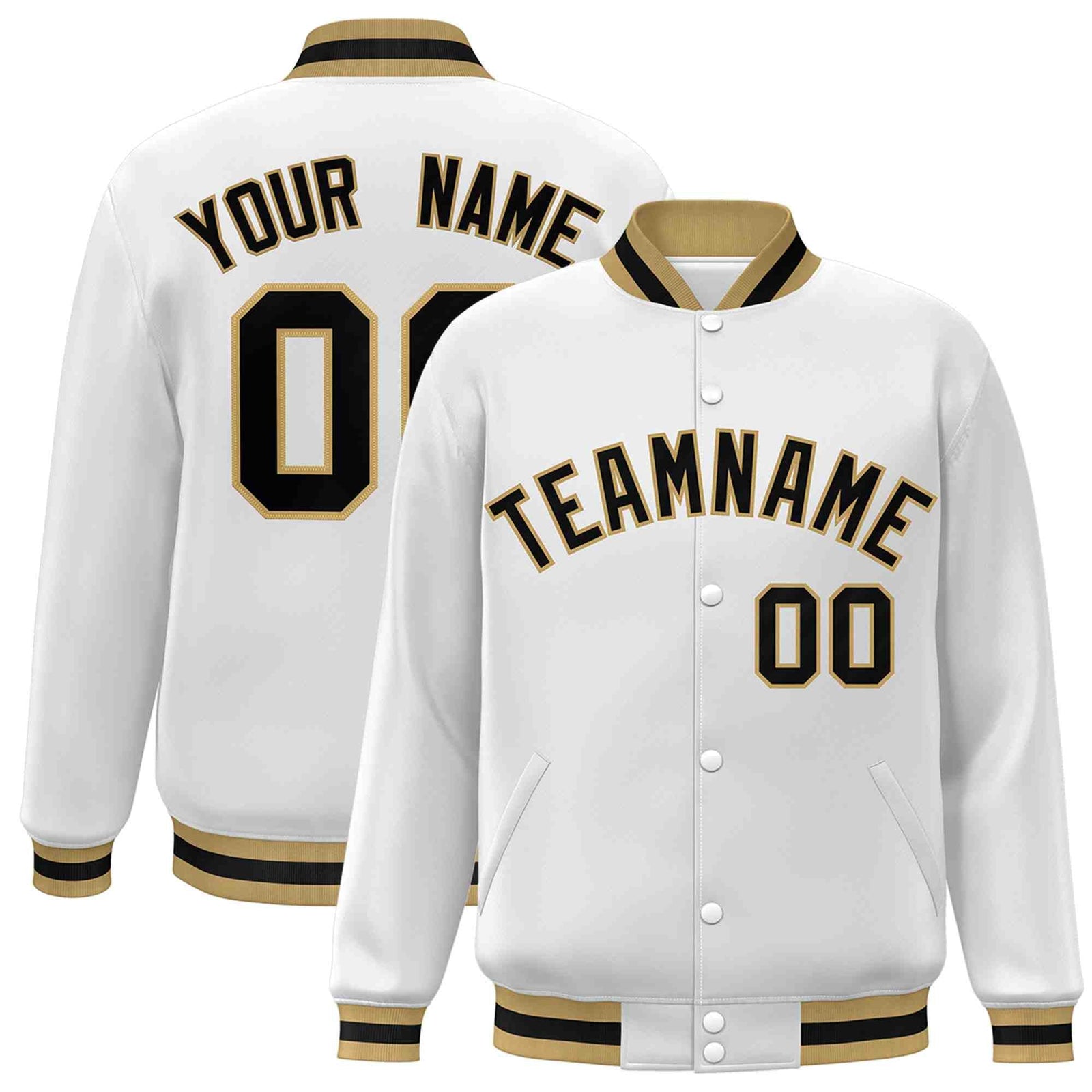 Custom White Black-Old Gold Classic Style Varsity Full-Snap Letterman Jacket