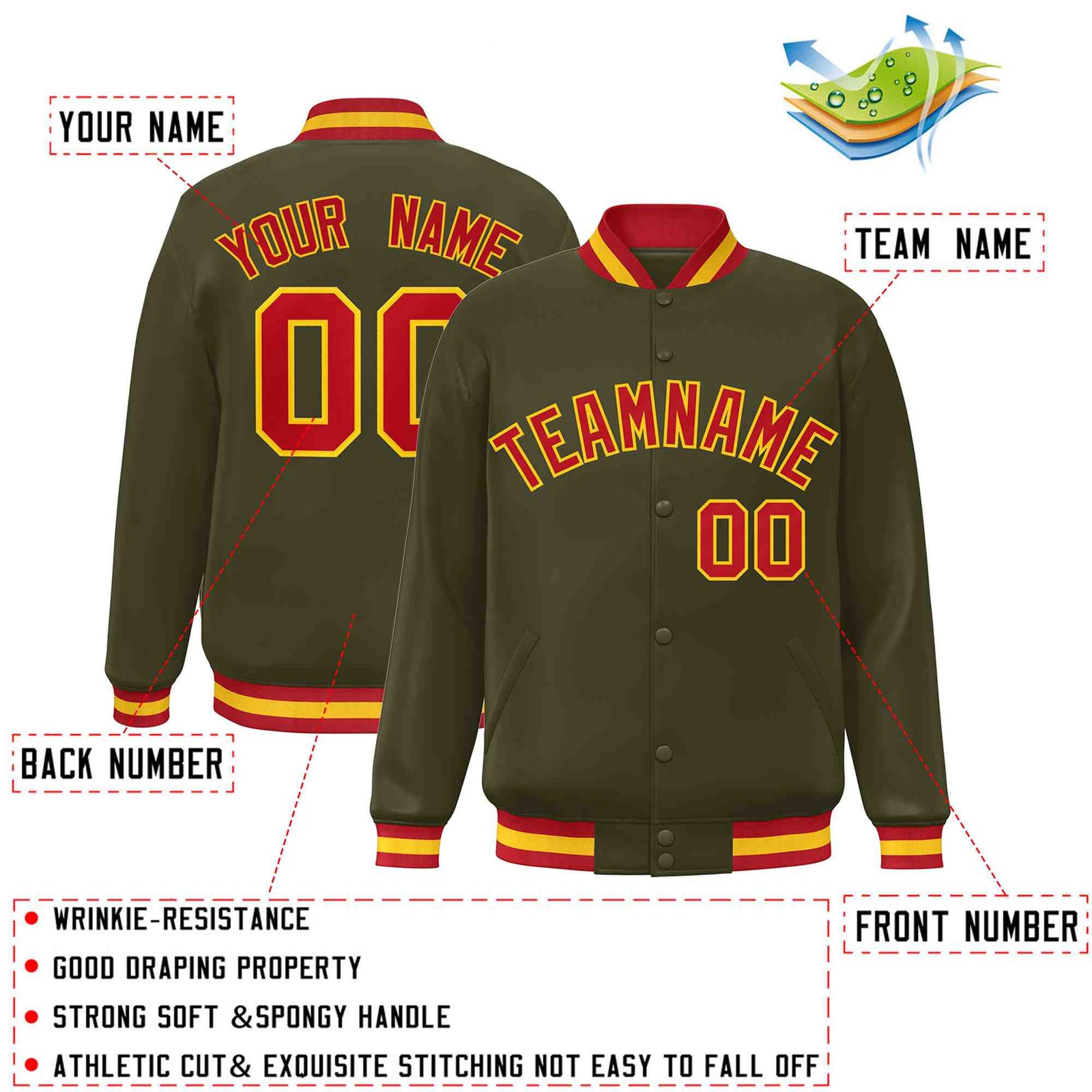 Custom Olive Red-Gold Classic Style Varsity Full-Snap Letterman Jacket