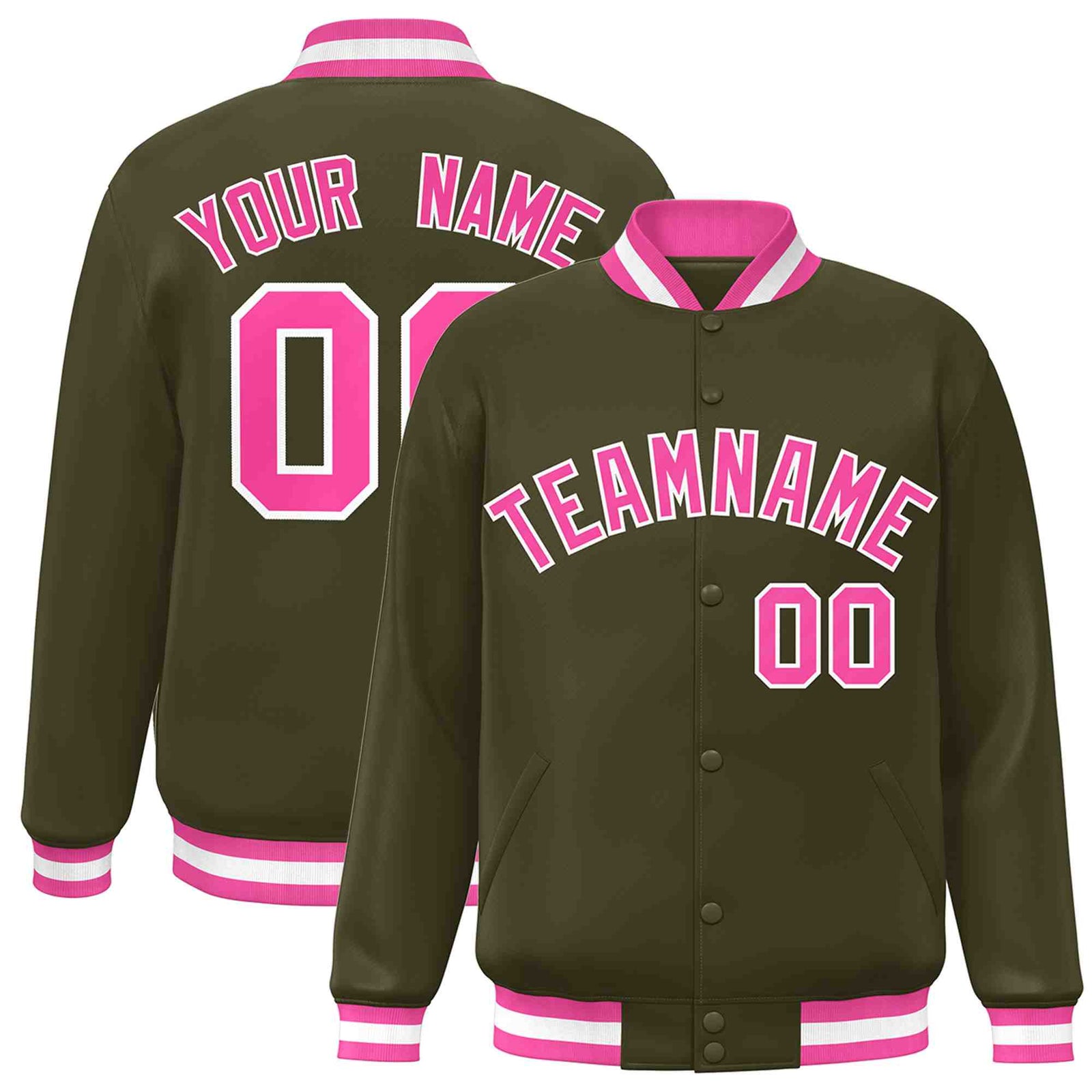 Custom Olive Pink-White Classic Style Varsity Full-Snap Letterman Jacket