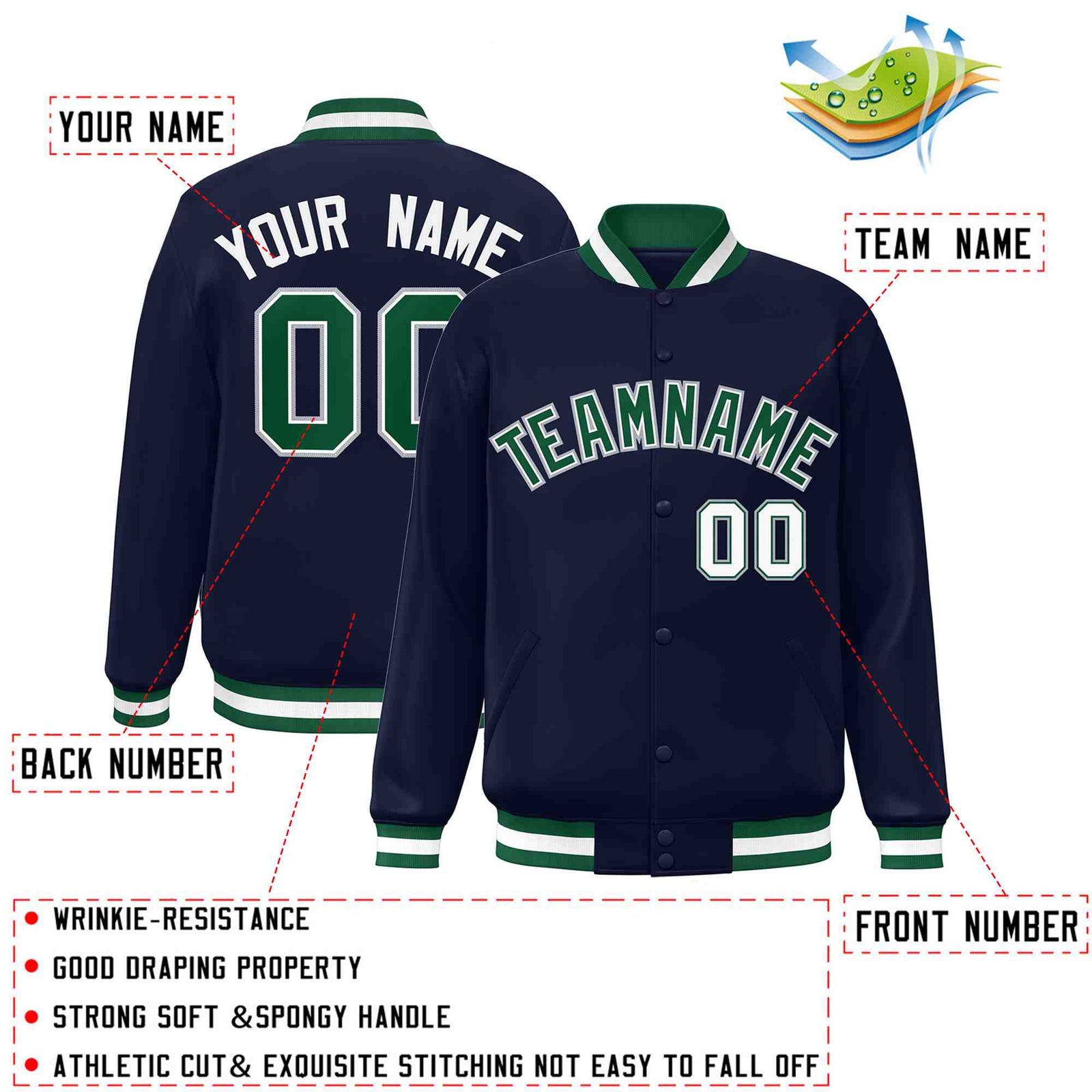 Custom Navy Green-White Classic Style Varsity Full-Snap Letterman Jacket