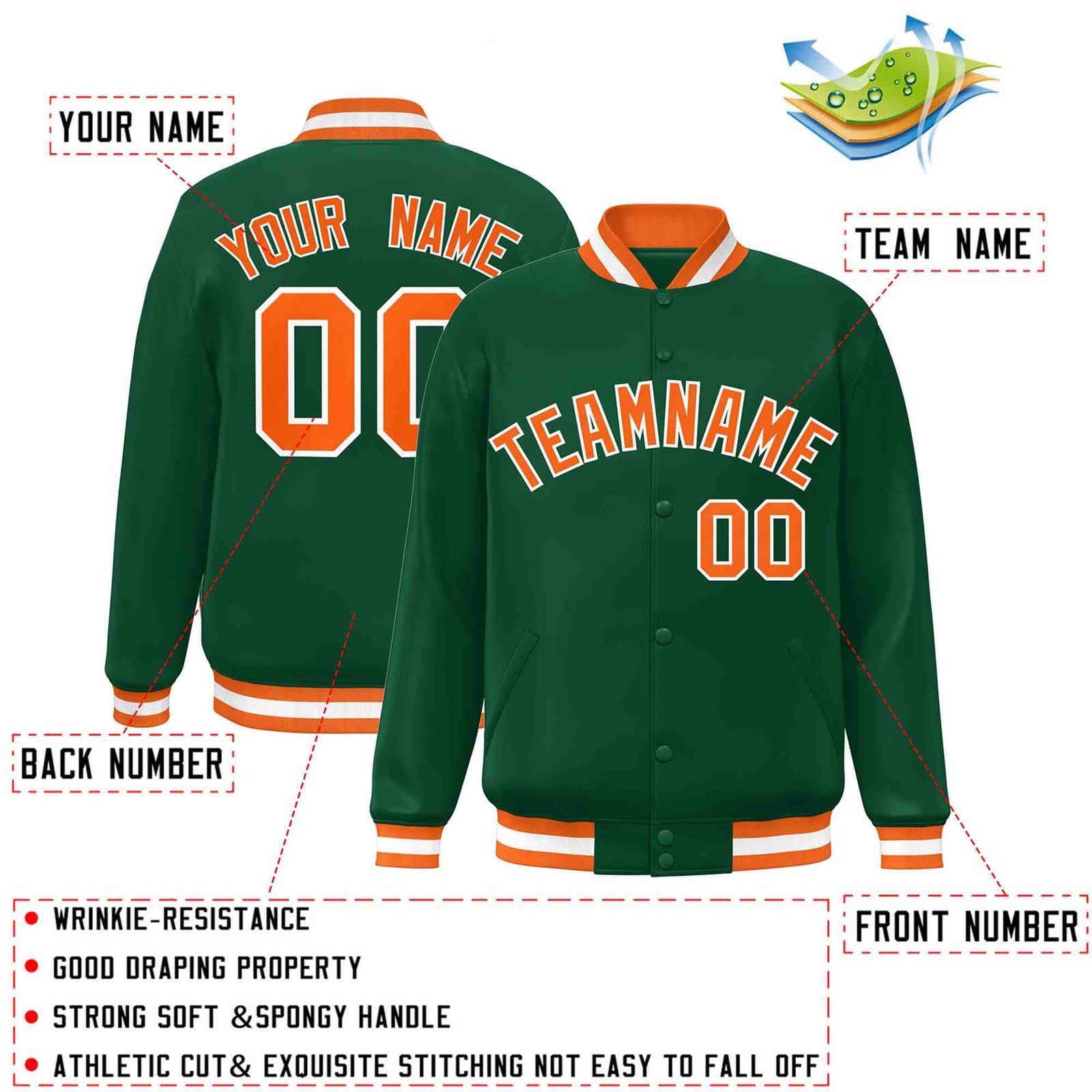 Custom Green Orange-White Classic Style Varsity Full-Snap Letterman Jacket