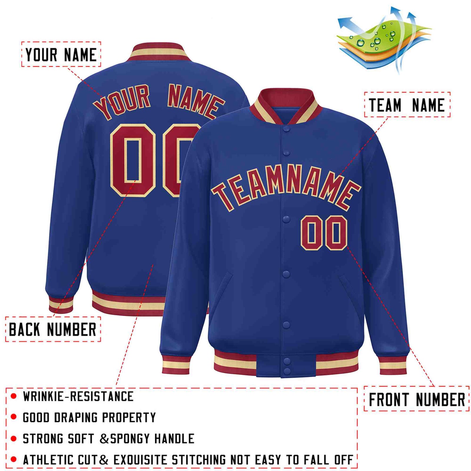 Custom Royal Crimson-Khaki Classic Style Varsity Full-Snap Letterman Jacket