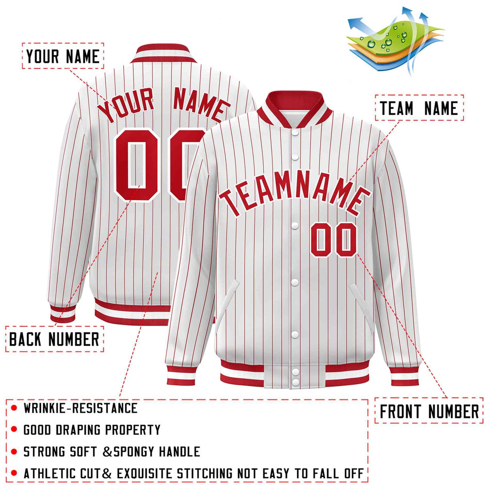 Custom White Red-White Personalized Stripe Fashion Letterman Bomber Varsity Jacket