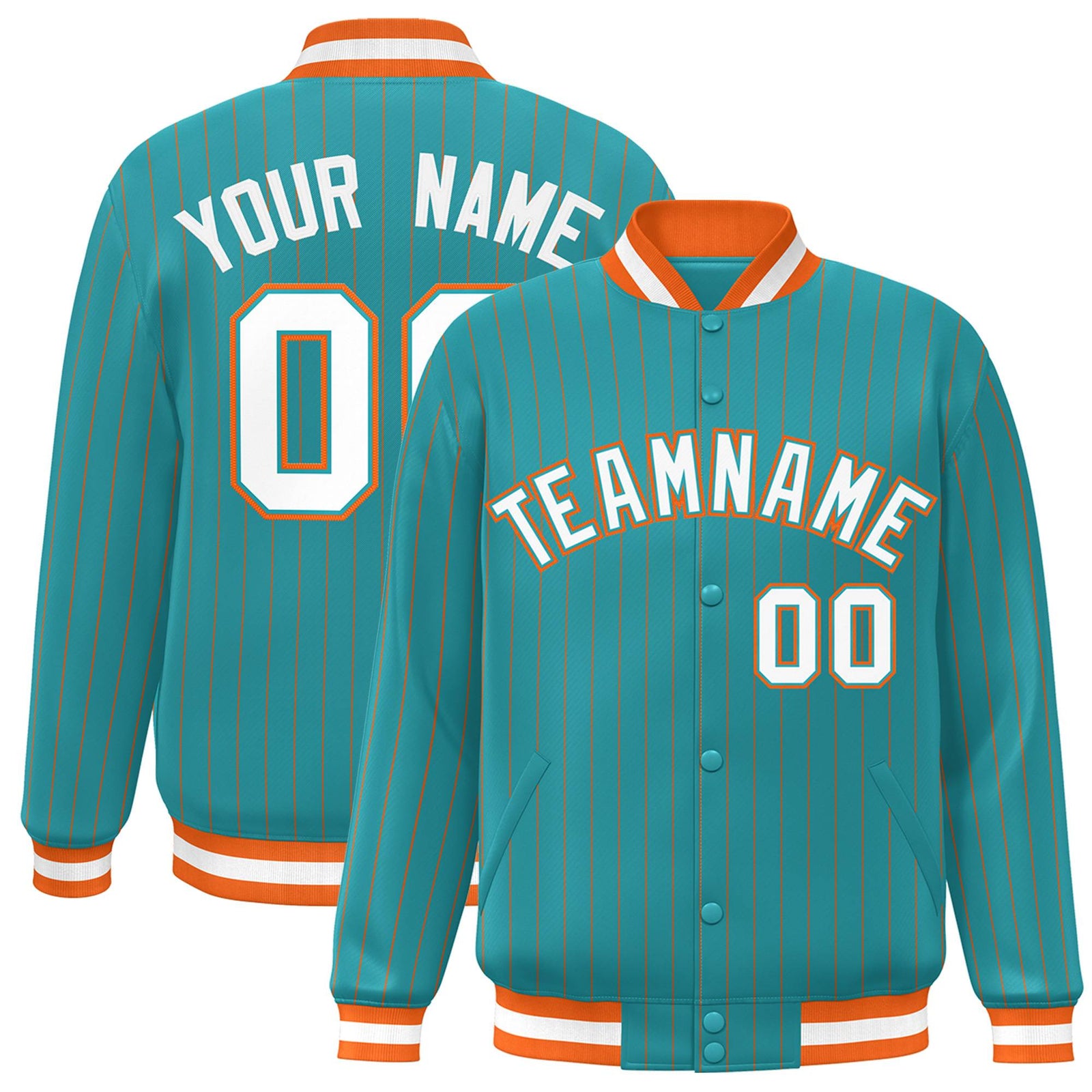 Custom Aqua White-Orange Personalized Stripe Fashion Bomber Baseball Jacket