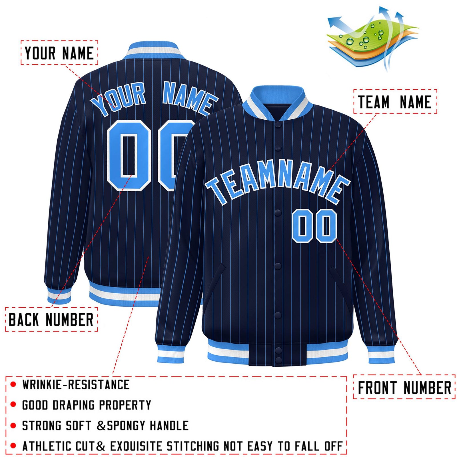 Custom Navy Powder Blue-White Personalized Stripe Fashion Letterman Bomber Varsity Jacket