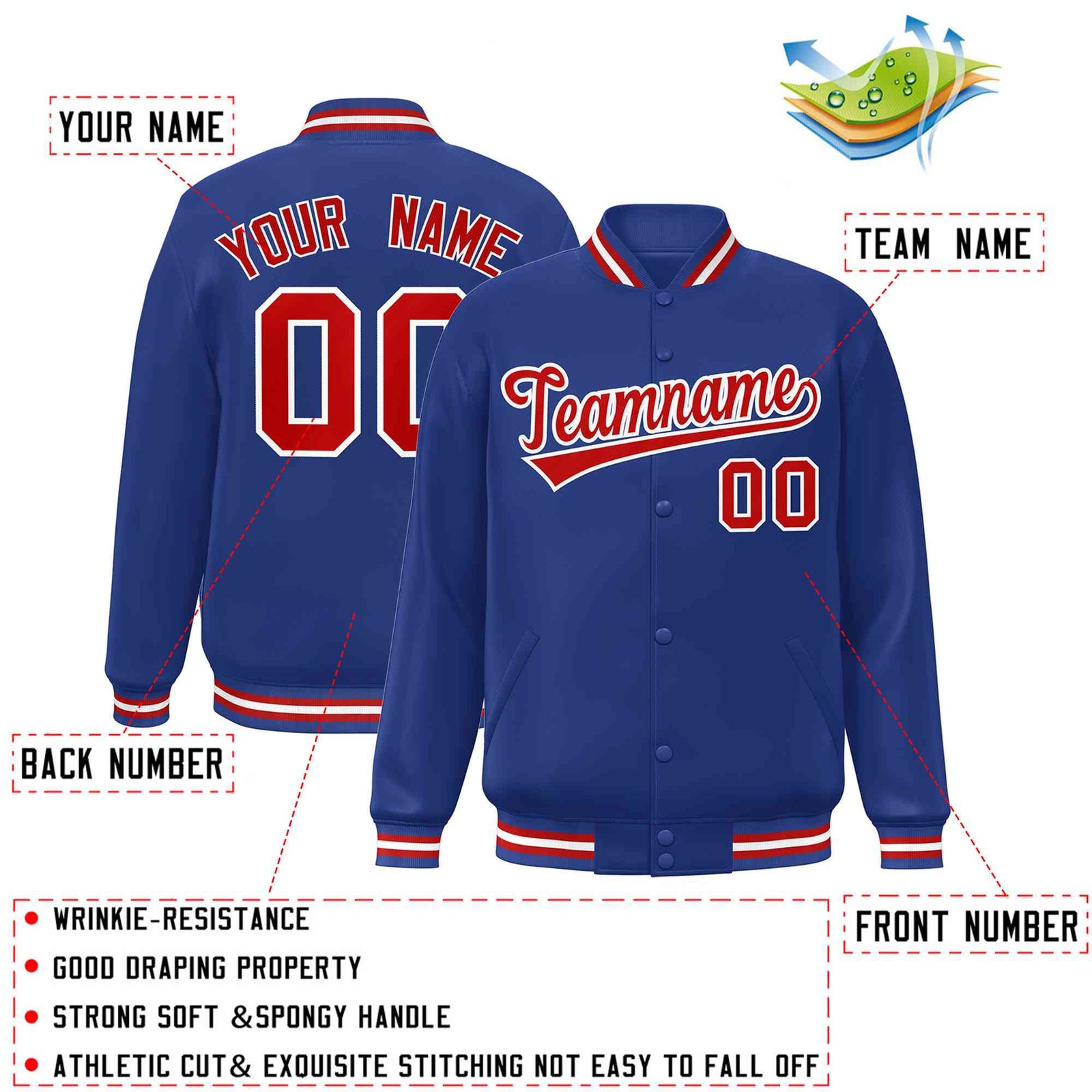 Custom Royal Red-White Classic Style Varsity Full-Snap Letterman Jacket