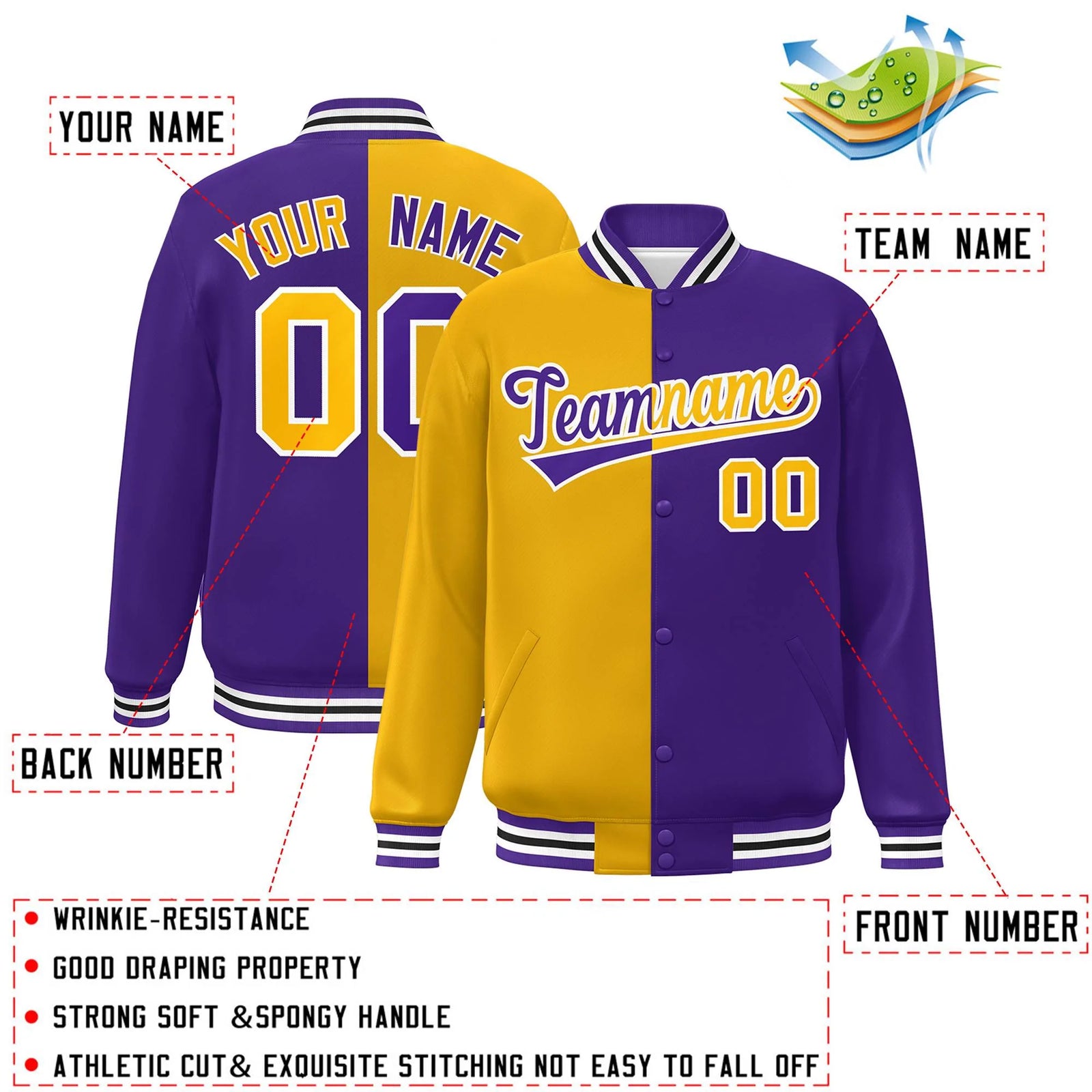 Custom Purple Gold-White Letterman Two Tone Split Fashion Varsity Full-Snap Jacket