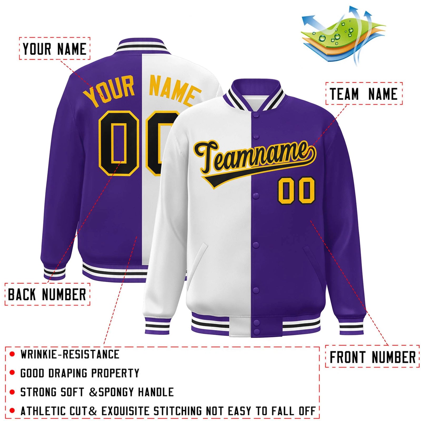 Custom Purple White-Black Letterman Two Tone Split Fashion Varsity Full-Snap Jacket
