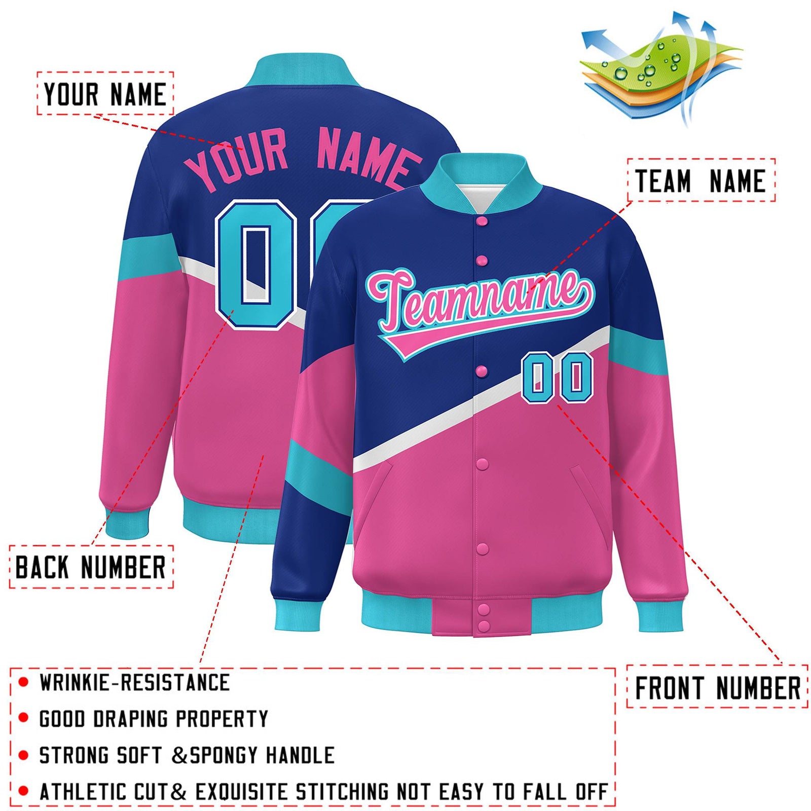 Custom Royal Pink-White Color Block Bomber Varsity Baseball Jacket