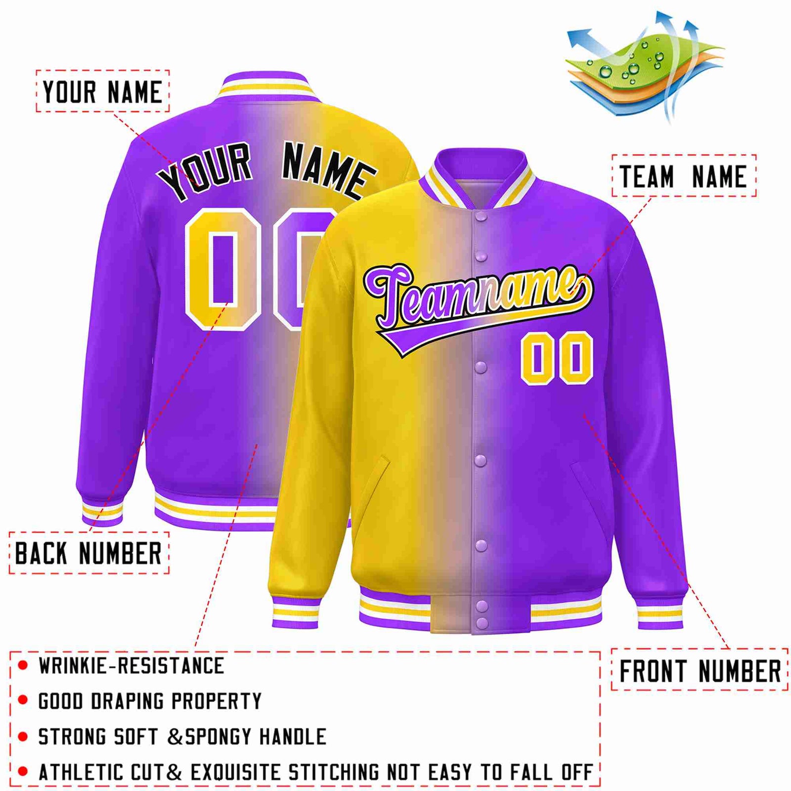 Custom Yellow Purple-White Gradient Fashion Letterman Bomber Varsity Jacket