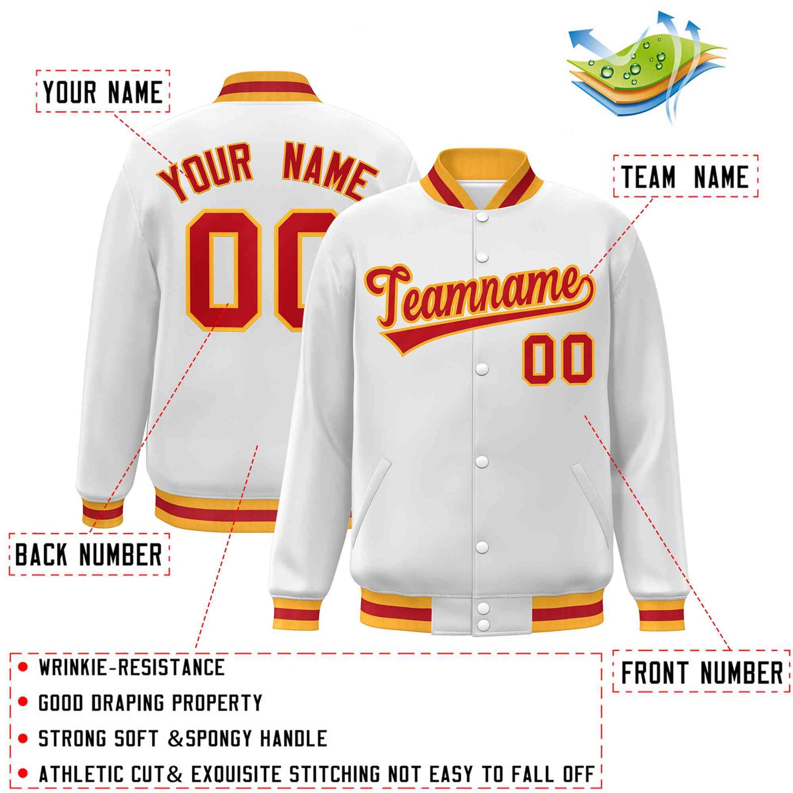 Custom White Red-Gold Classic Style Varsity Full-Snap Letterman Jacket