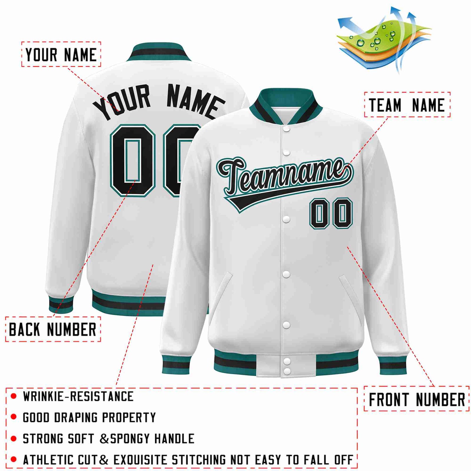 Custom White Black-White Classic Style Varsity Full-Snap Letterman Jacket