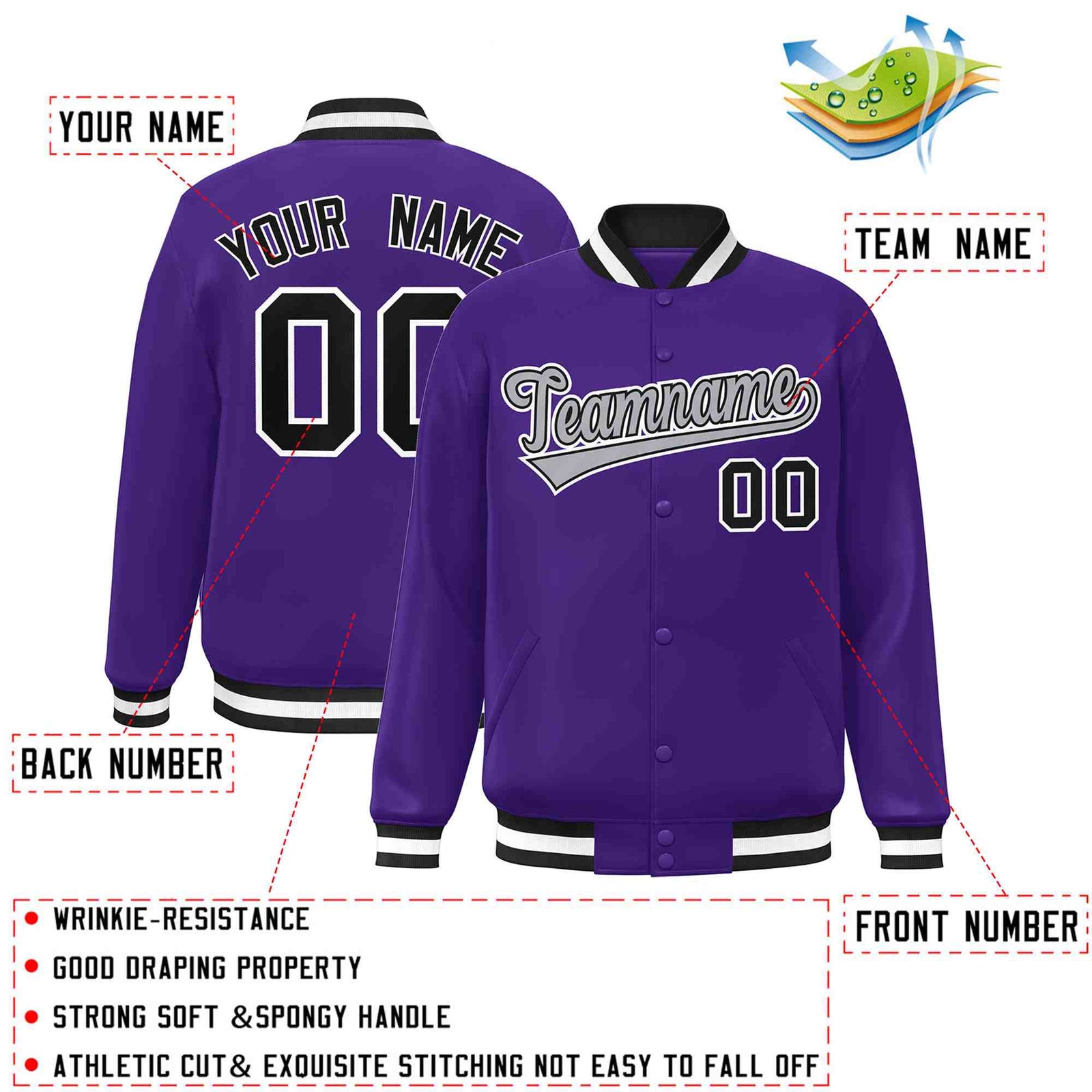 Custom Purple Gray-Black Classic Style Varsity Full-Snap Letterman Jacket