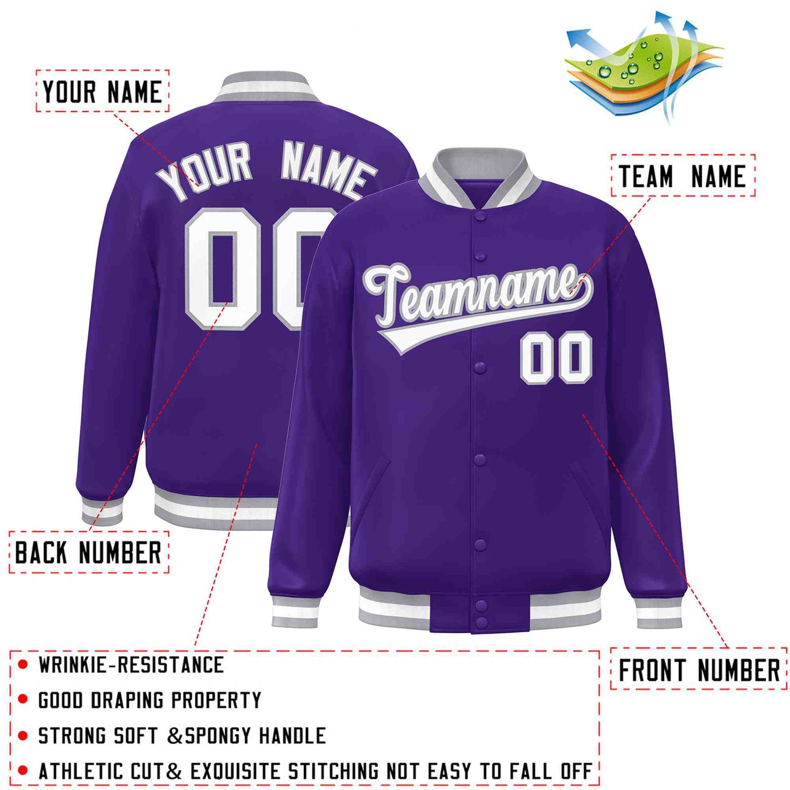 Custom Purple White-Gray Classic Style Varsity Full-Snap Letterman Jacket